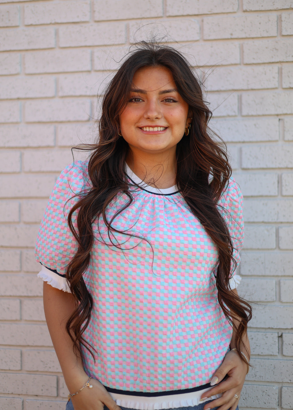 PUFF SLEEVE STRIPED CONTRAST PLAID KNIT BLOUSE - PINK