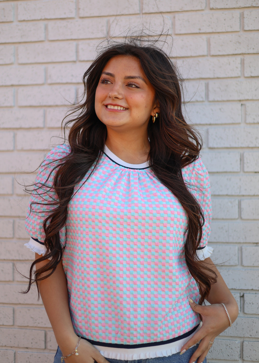 PUFF SLEEVE STRIPED CONTRAST PLAID KNIT BLOUSE - PINK