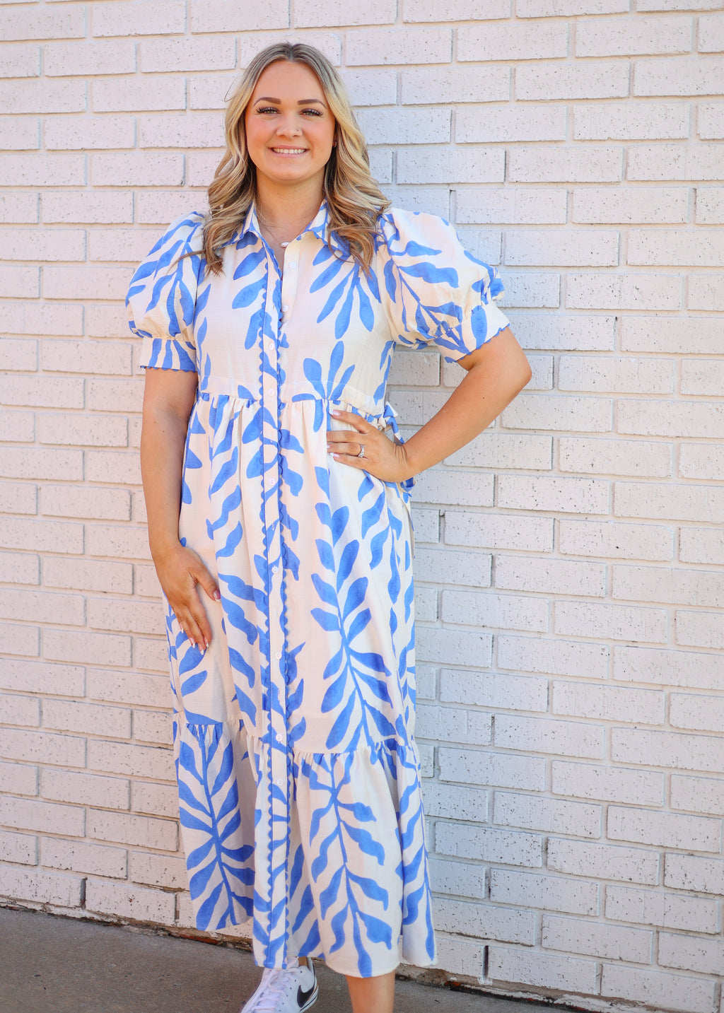BLUE & IVORY LEAF PRINT BUTTON DOWN DRESS