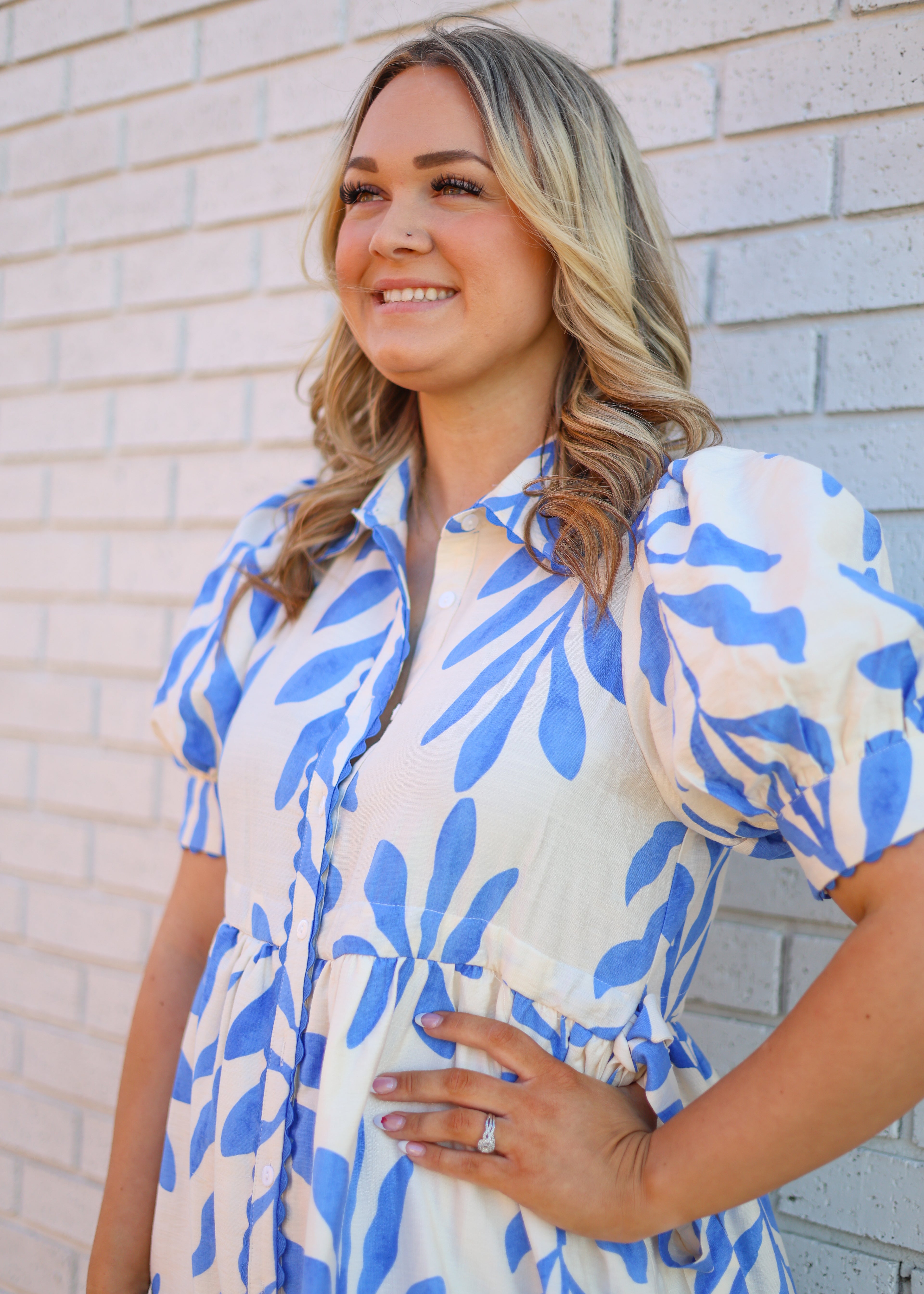 BLUE & IVORY LEAF PRINT BUTTON DOWN DRESS