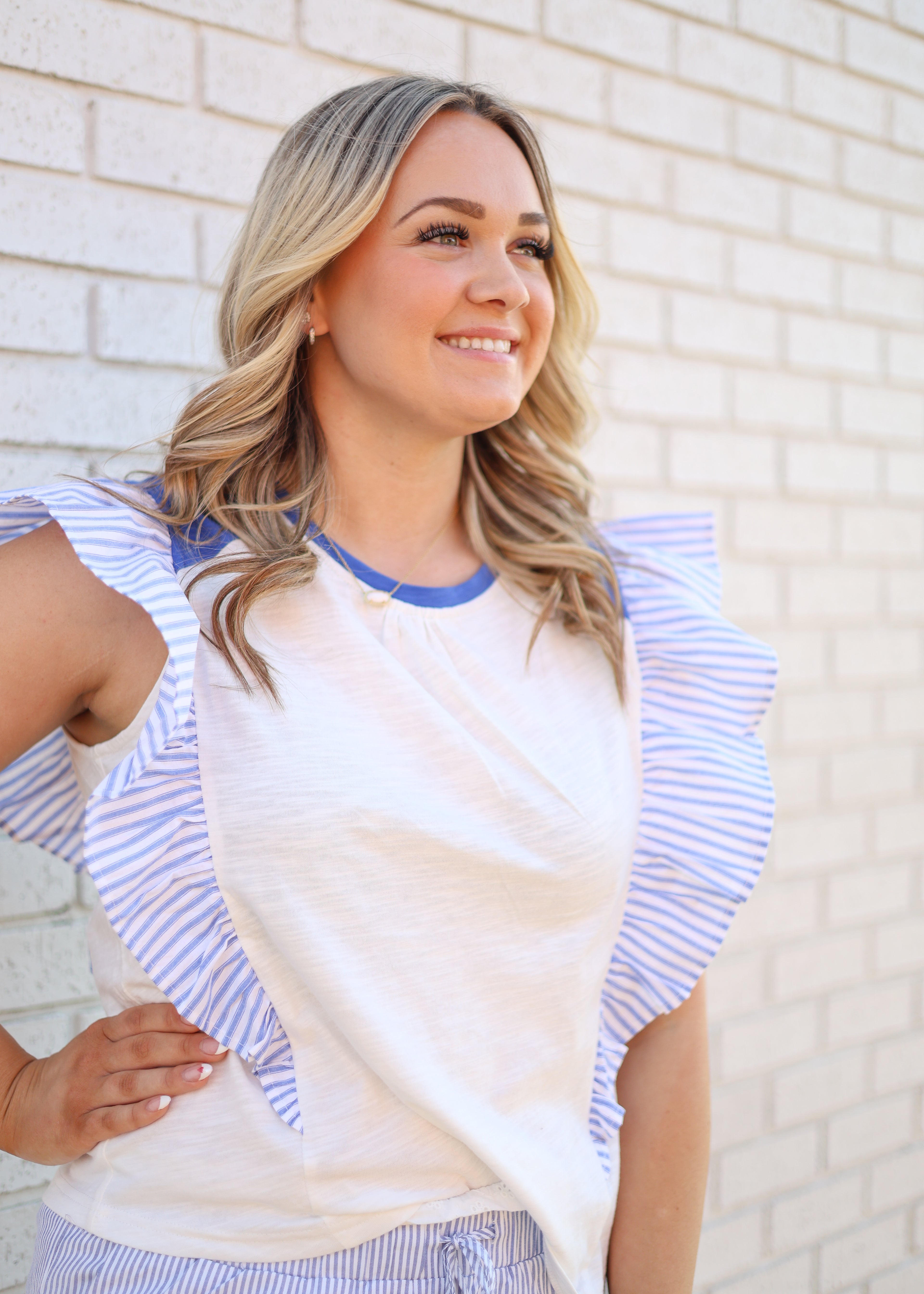 BLUE STRIPED POPLIN RUFFLE SLEEVE RAGLAN BLOUSE