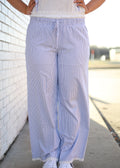 WHITE & BLUE PINSTRIPE PANTS W/LACE TRIM