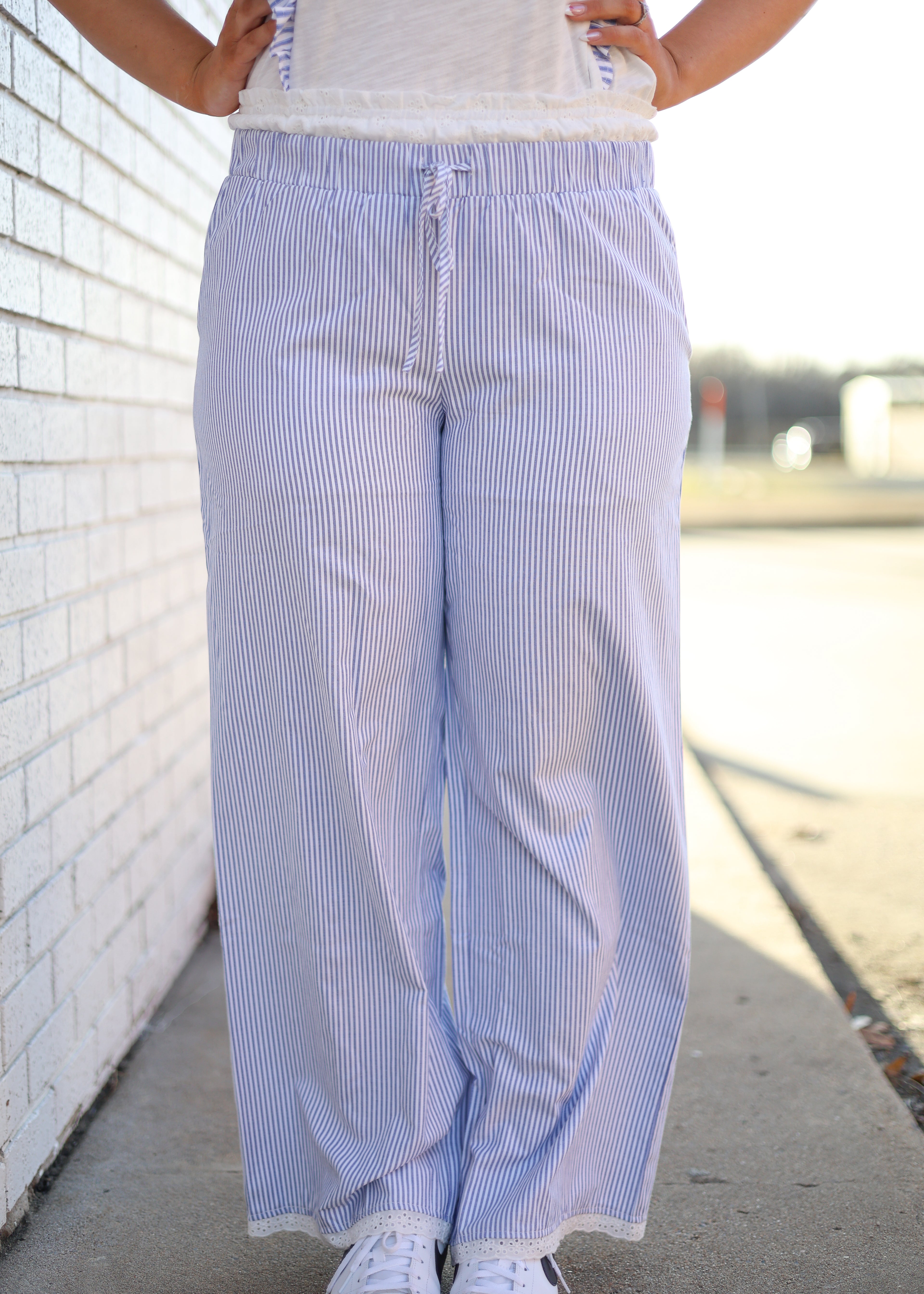 WHITE & BLUE PINSTRIPE PANTS W/LACE TRIM