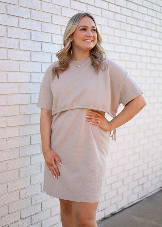 TAUPE ROUND NECK MIDI TOP BOTTOM CINCHED DRESS