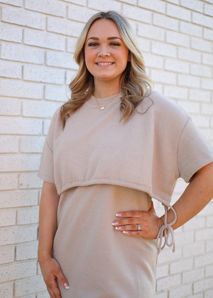 TAUPE ROUND NECK MIDI TOP BOTTOM CINCHED DRESS