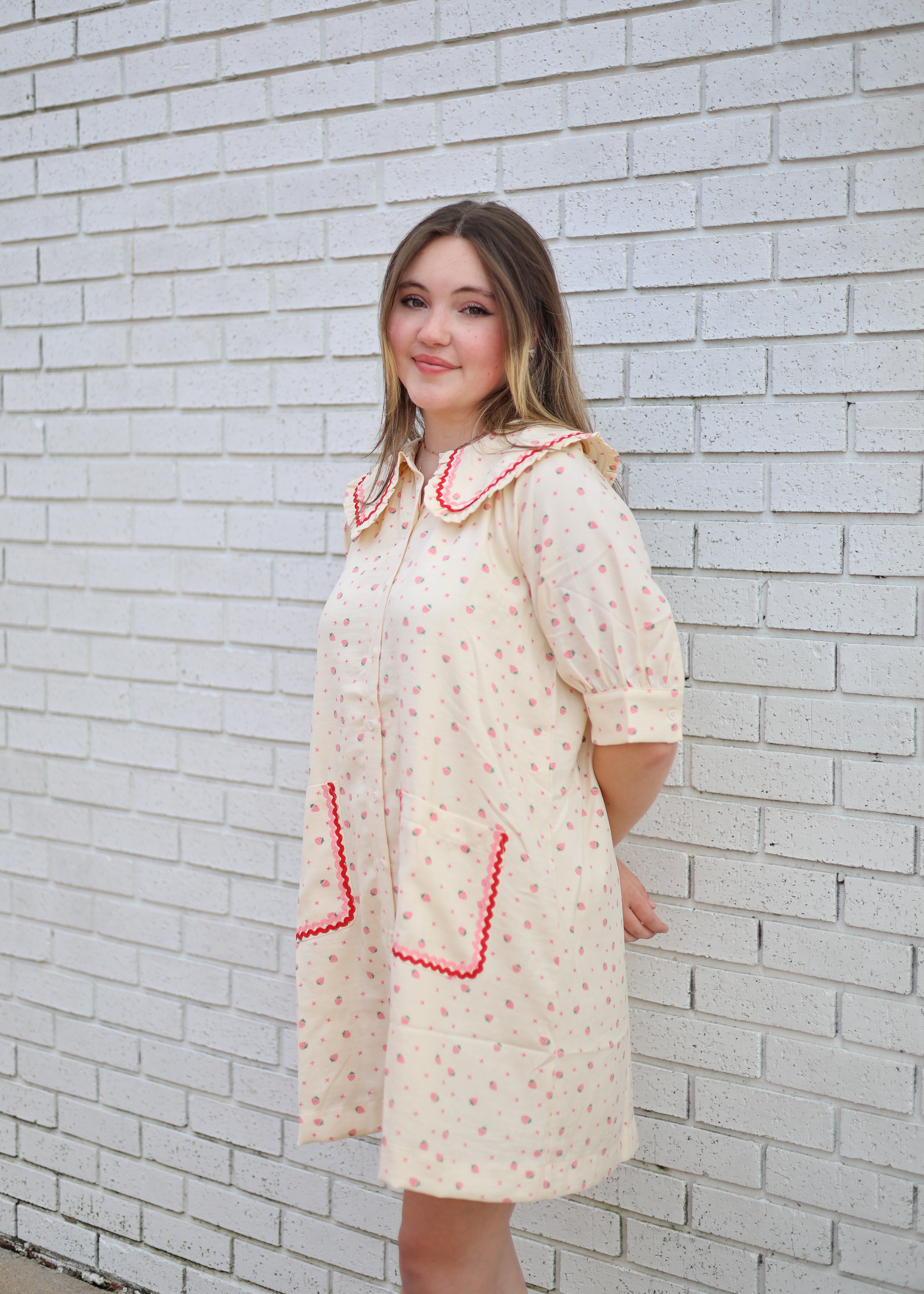 STRAWBERRY SHORT SLEEVED MINI SHIRT DRESS