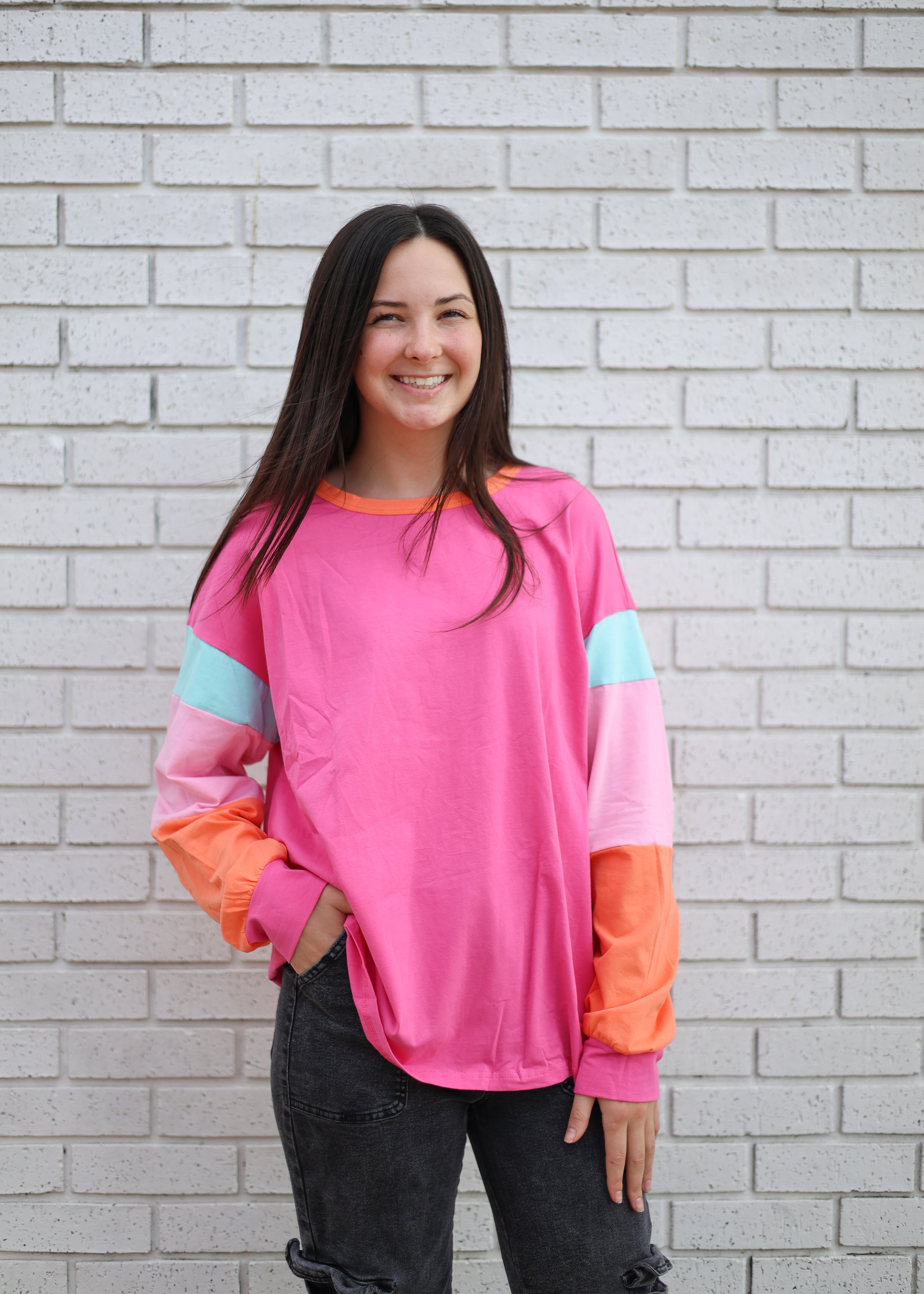 ROSE RED COLORBLOCK PATCHWORK LONG SLEEVE LOOSE TOP