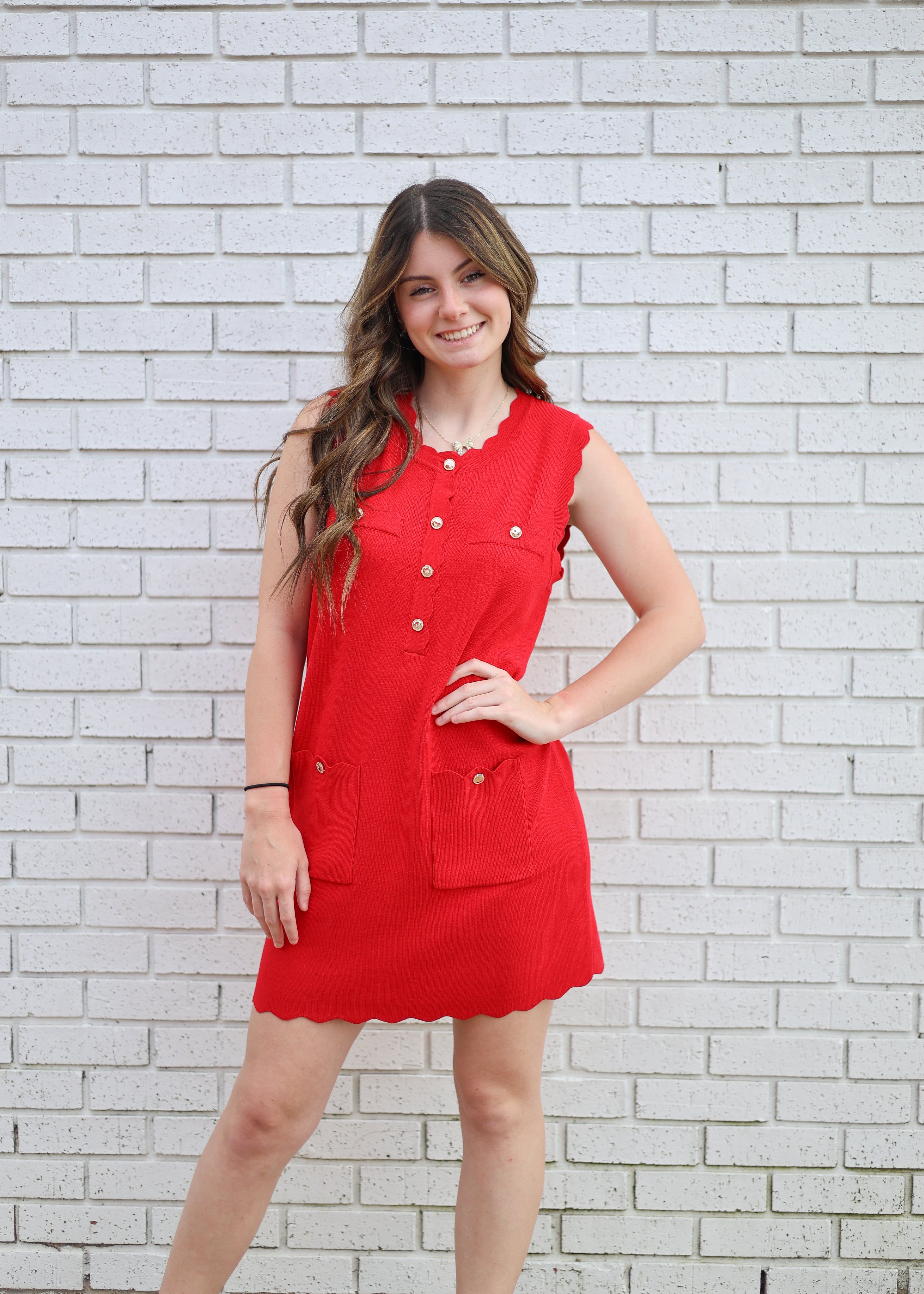 RED SWEATER KNIT MINI DRESS W/SCALLOPED EDGE AND GOLD BUTTONS