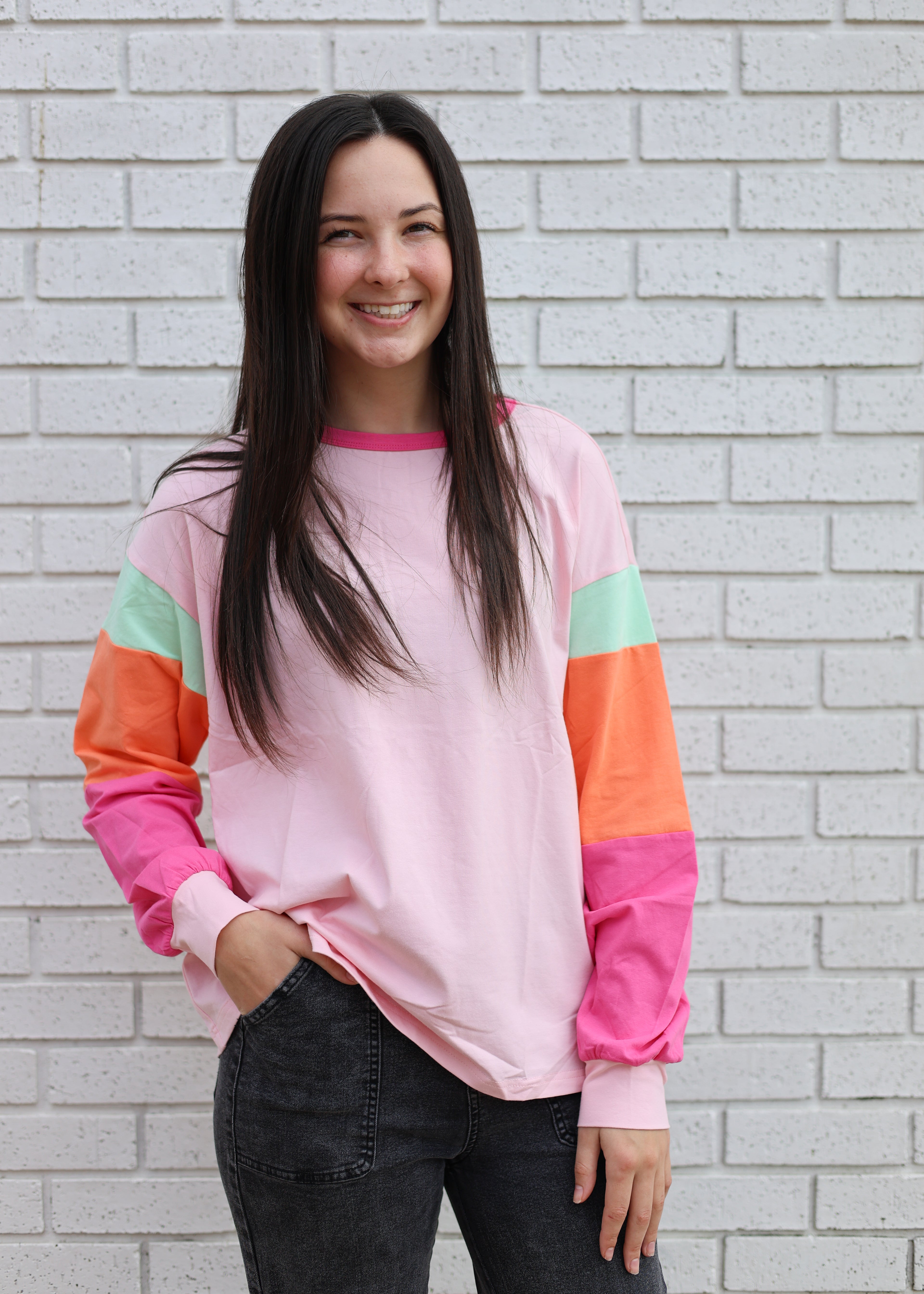 PINK COLORBLOCK PATCHWORK LONG SLEEVE LOOSE TOP