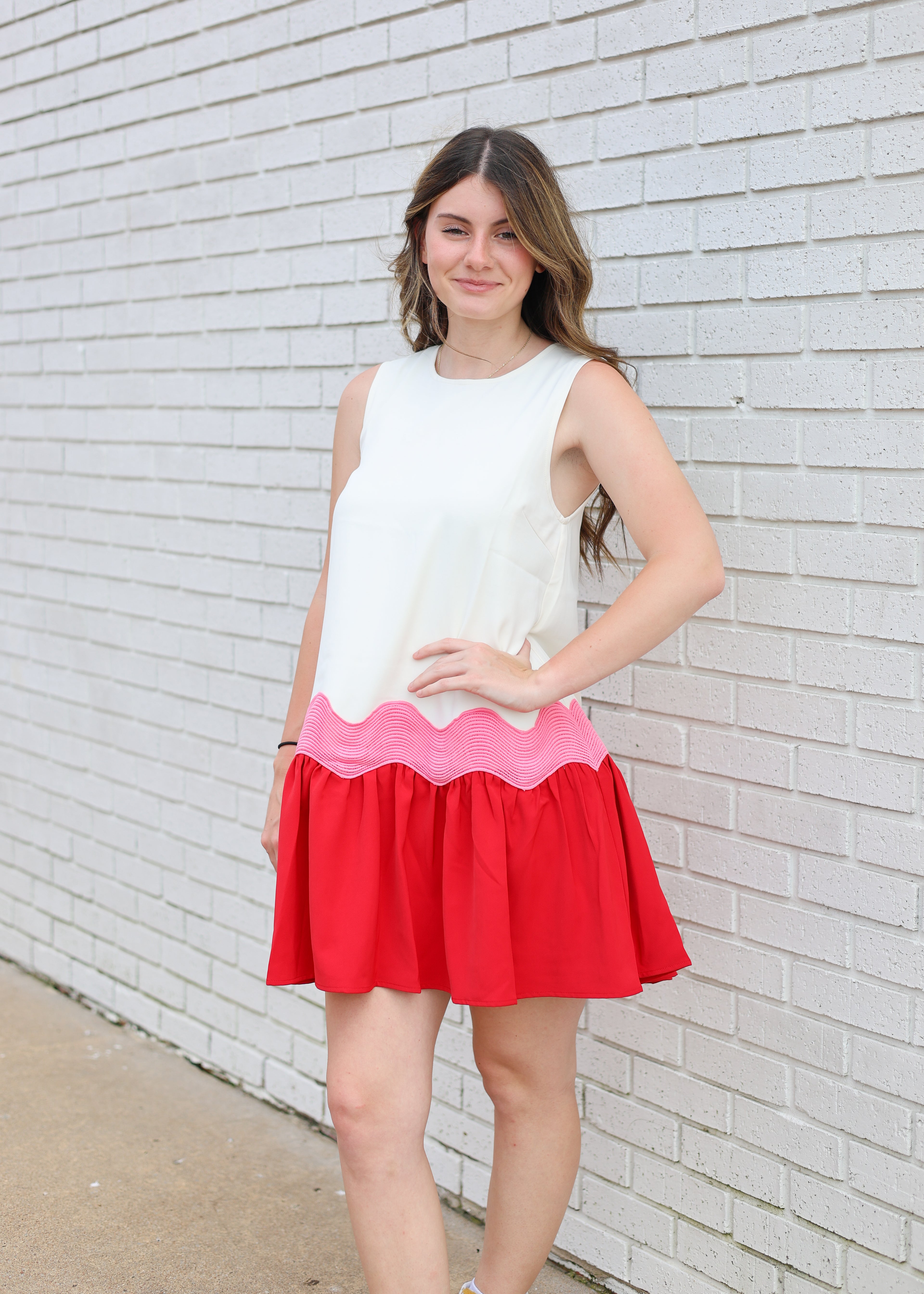 CREAM/PINK/RED COLORBLOCK DRESS W/OVERSIZED RIC RAC TRIM