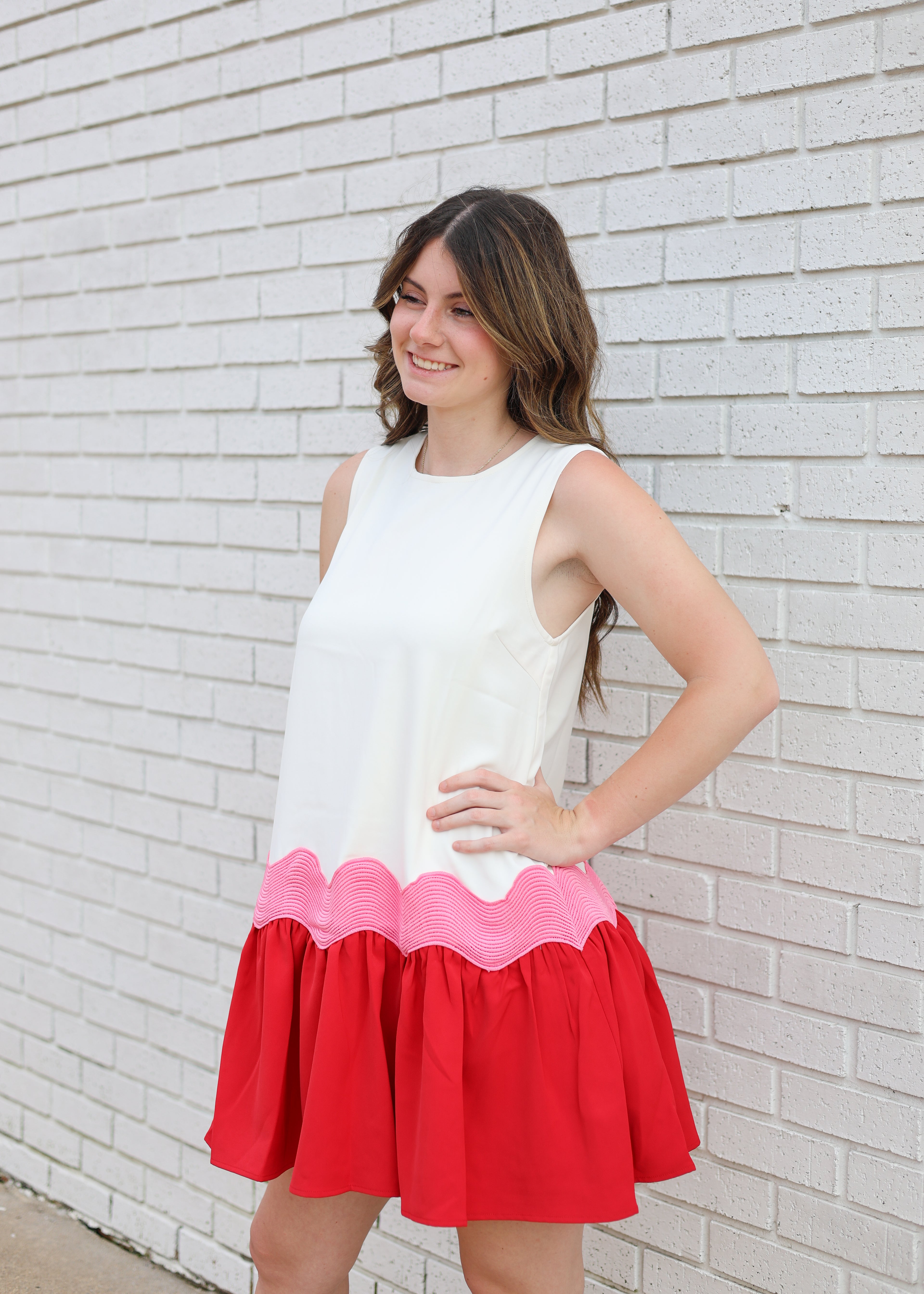 CREAM/PINK/RED COLORBLOCK DRESS W/OVERSIZED RIC RAC TRIM