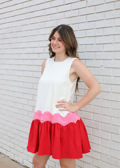 CREAM/PINK/RED COLORBLOCK DRESS W/OVERSIZED RIC RAC TRIM