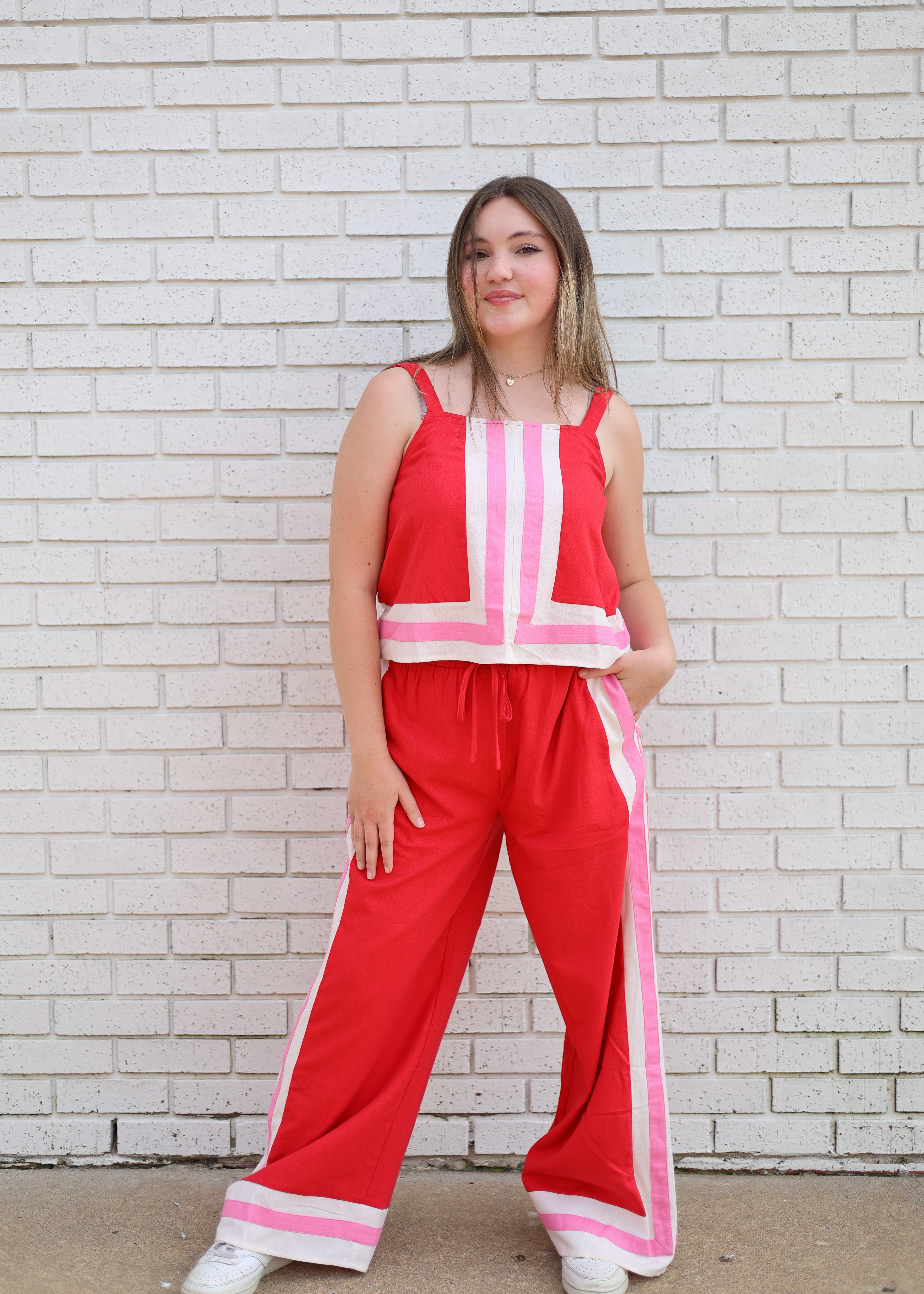 RED 2PC PANT SET WITH PINK & IVORY ABSTRACT CONTRAST TRIM