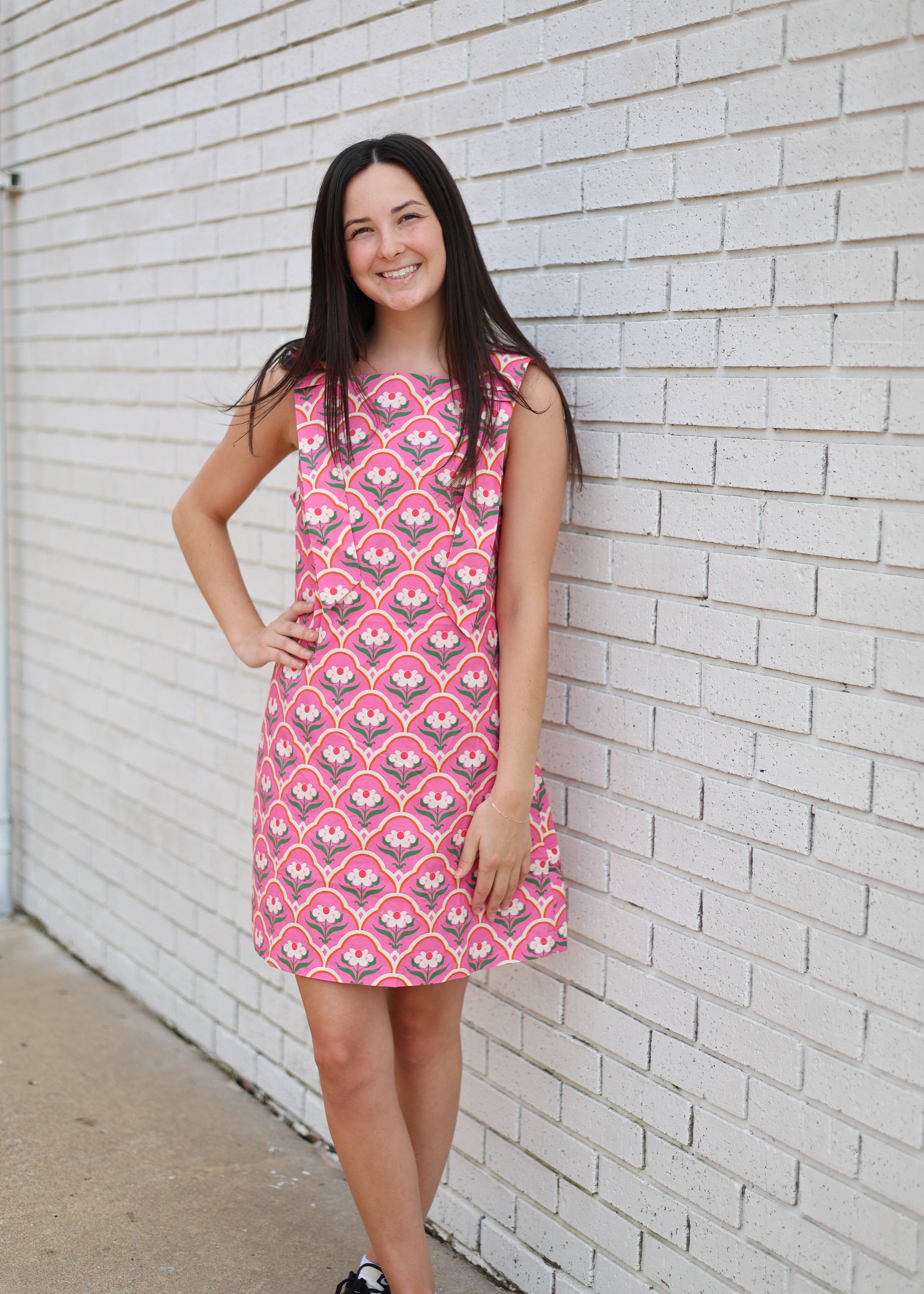 PINK FLORAL SCALLOP PRINT MINI DRESS W/SHOULDER BOW ACCENT