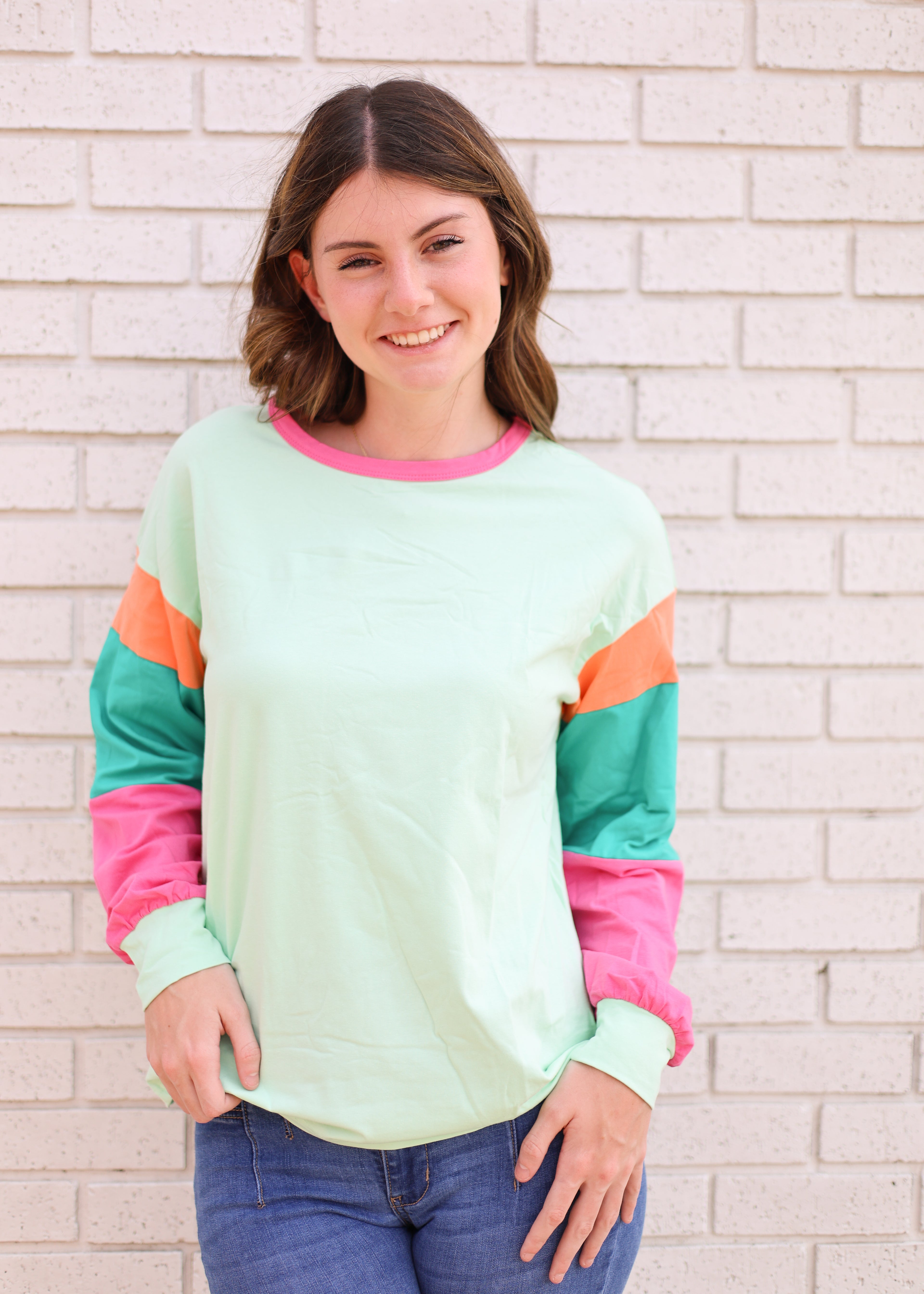 GREEN COLORBLOCK PATCHWORK LONG SLEEVE LOOSE TOP