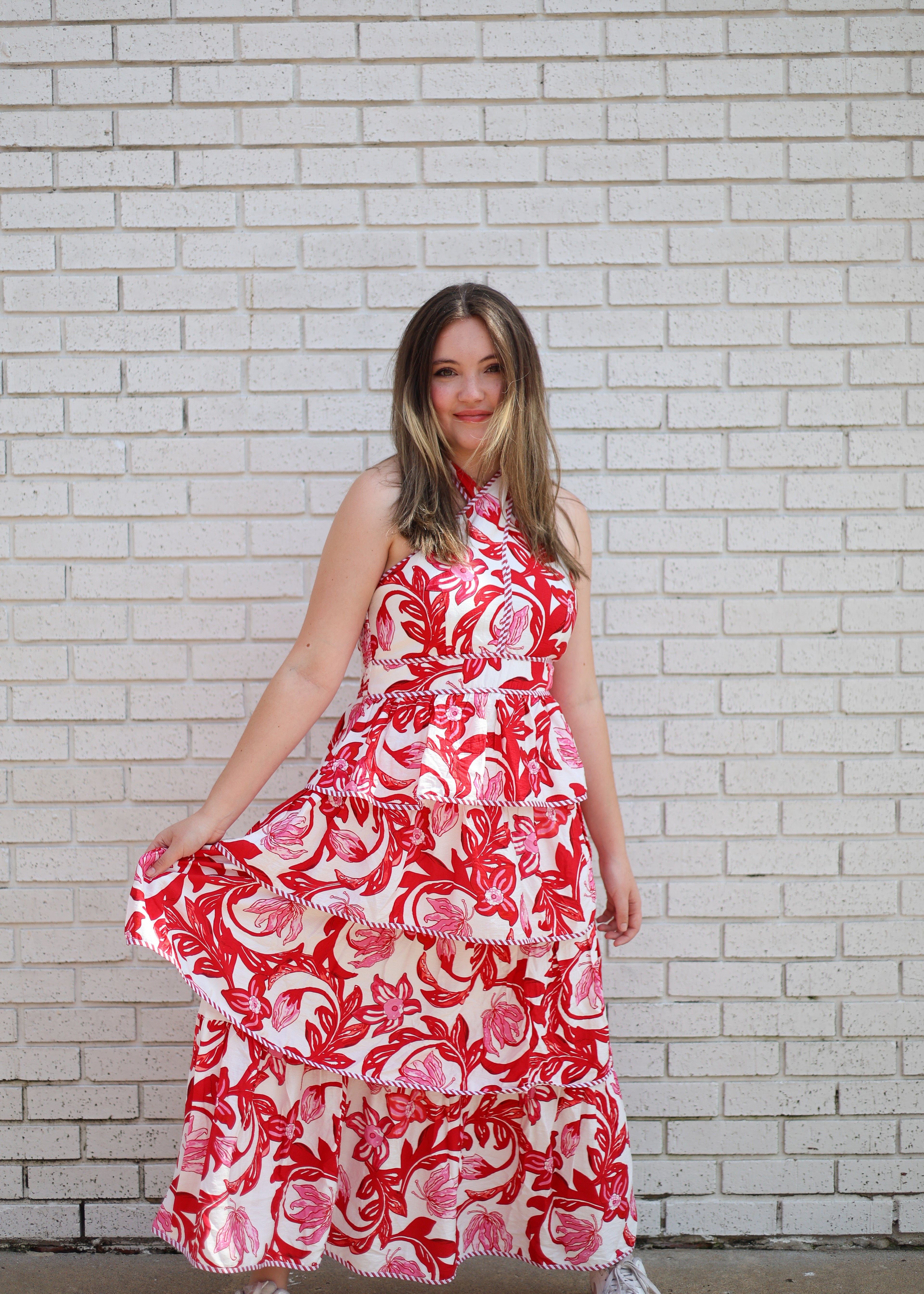 RED PAISLEY PRINT TIERED BOW TIE HALTER MIDI DRESS