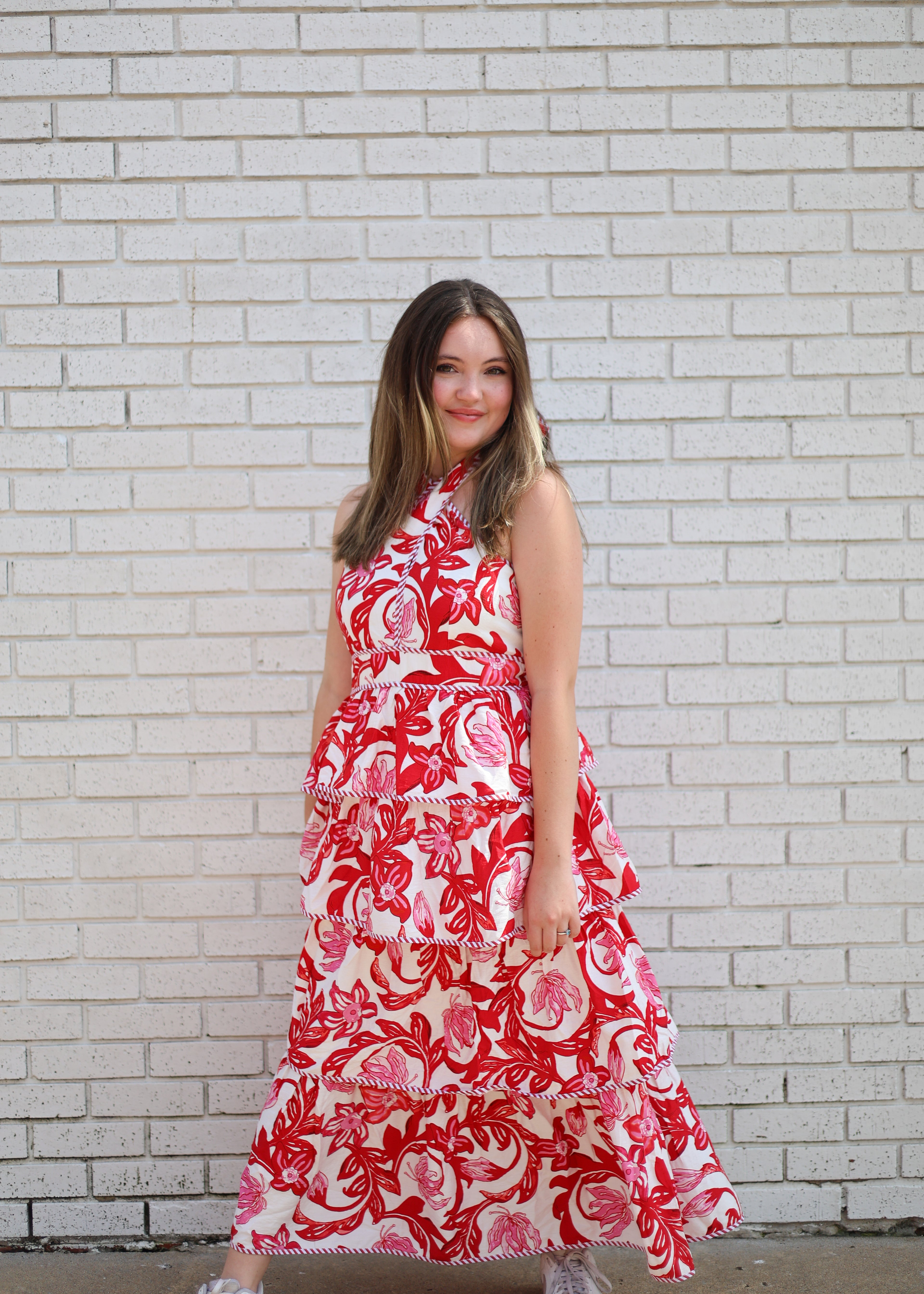 RED PAISLEY PRINT TIERED BOW TIE HALTER MIDI DRESS