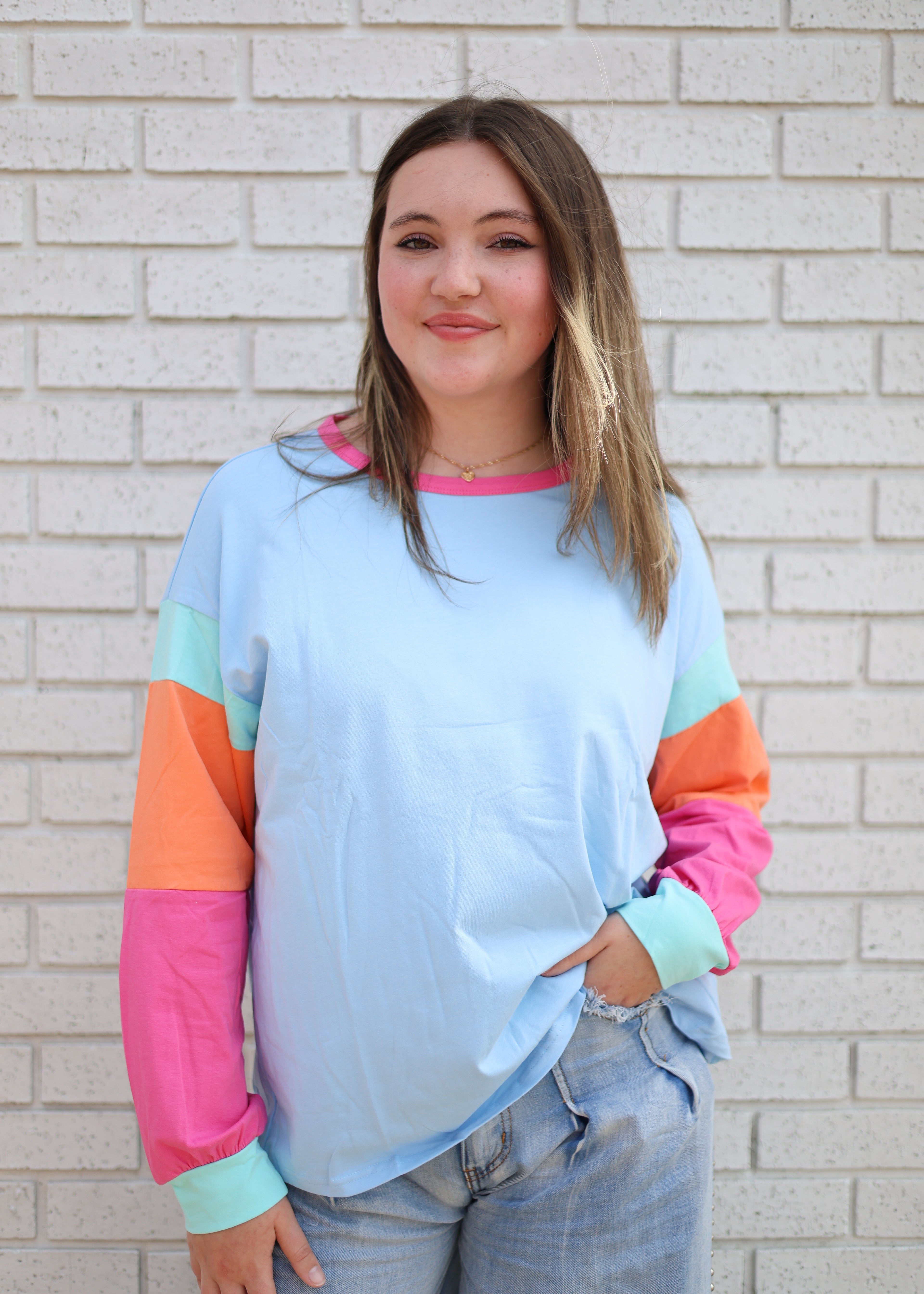 DARK BLUE COLORBLOCK PATCHWORK LONG SLEEVE LOOSE TOP