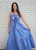 BLUE MAXI DRESS W/PINK FLORAL DESIGN & BOW/RIC RAC DETAIL