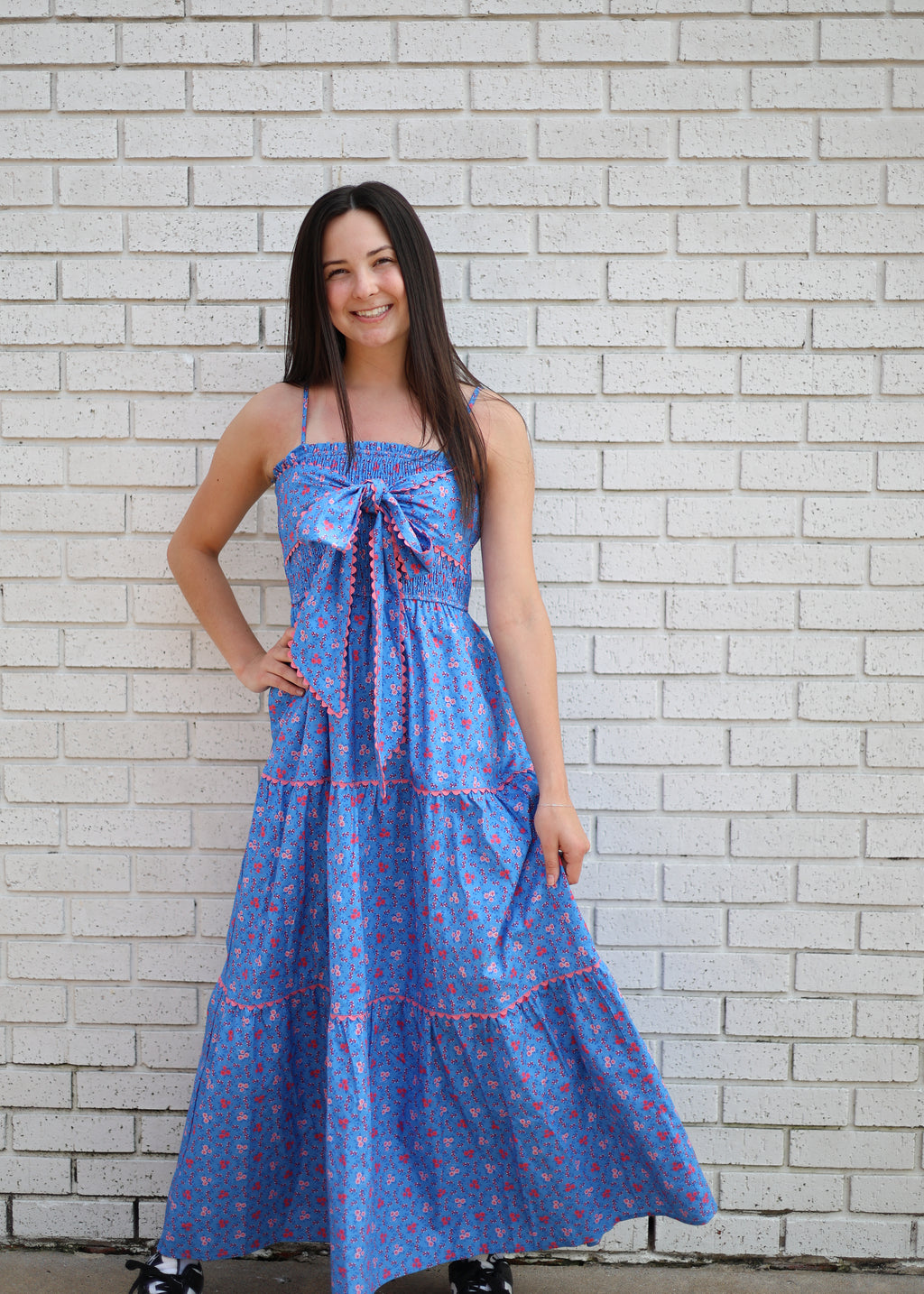 BLUE MAXI DRESS W/PINK FLORAL DESIGN & BOW/RIC RAC DETAIL