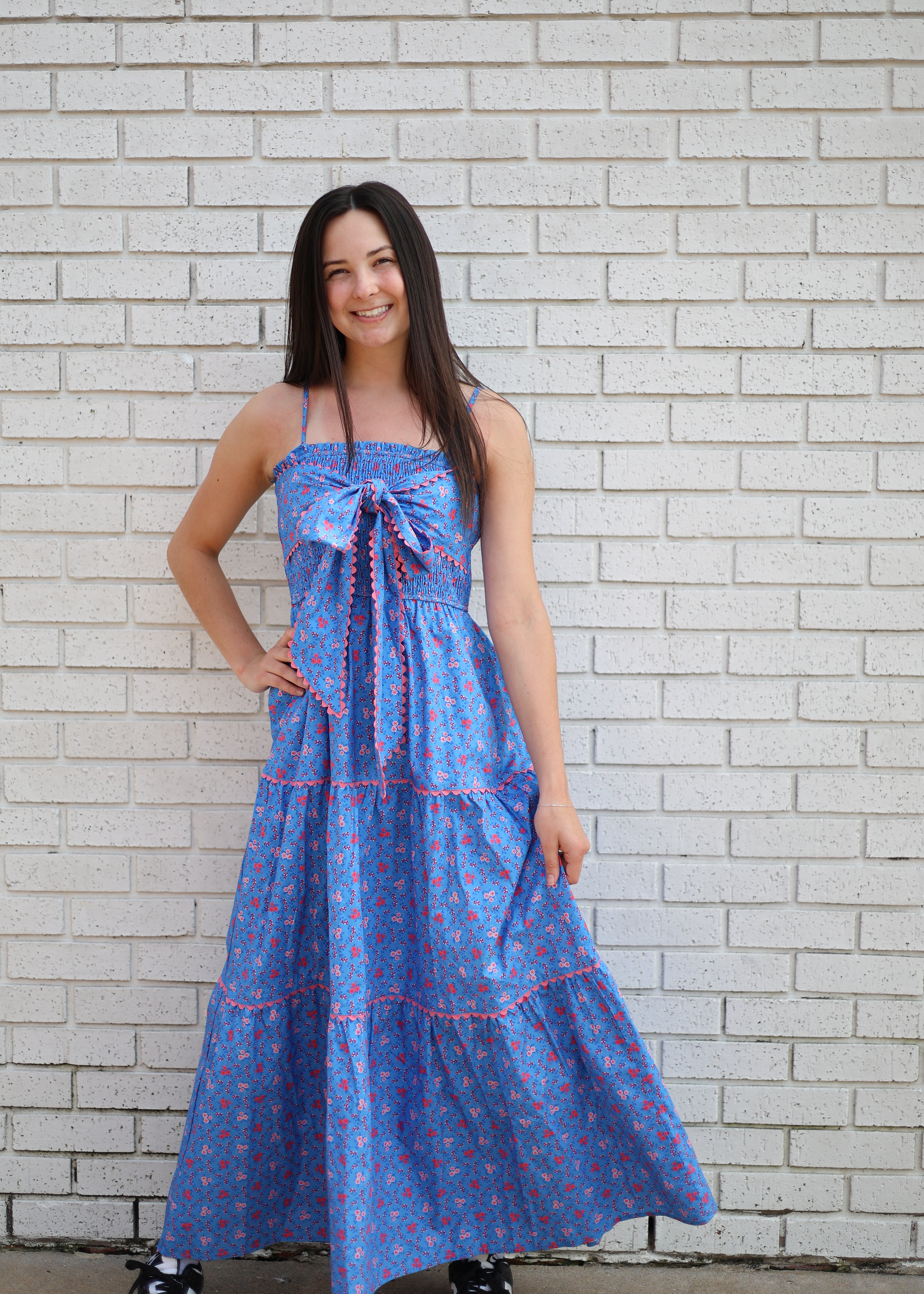 BLUE MAXI DRESS W/PINK FLORAL DESIGN & BOW/RIC RAC DETAIL