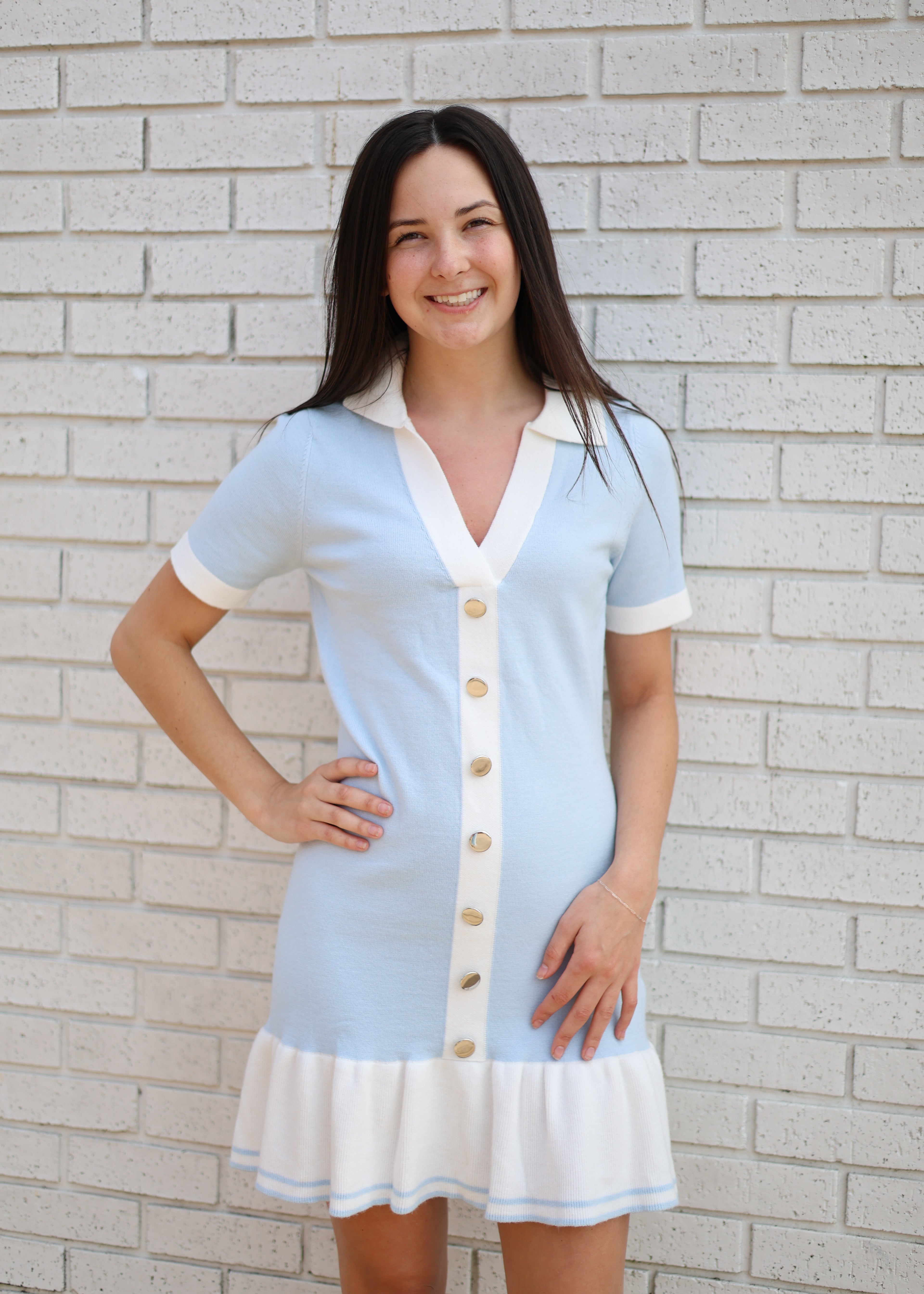 SKY BLUE & WHITE BUTTON DOWN SHORT SLEEVE KNIT DRESS