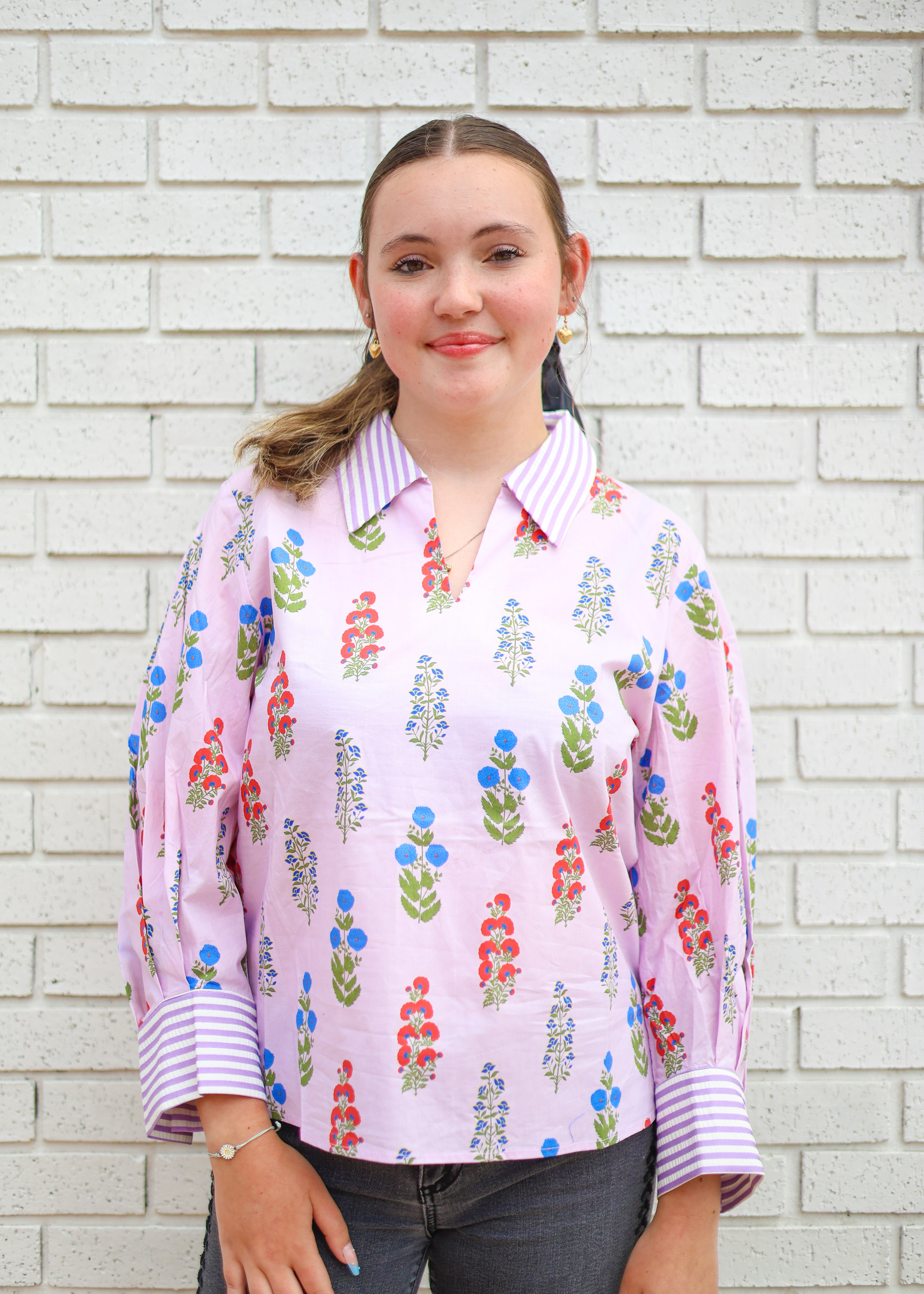 LAVENDER 3/4 SLEEVE FLORAL BLOUSE W/STRIPE CONTRAST DETAIL
