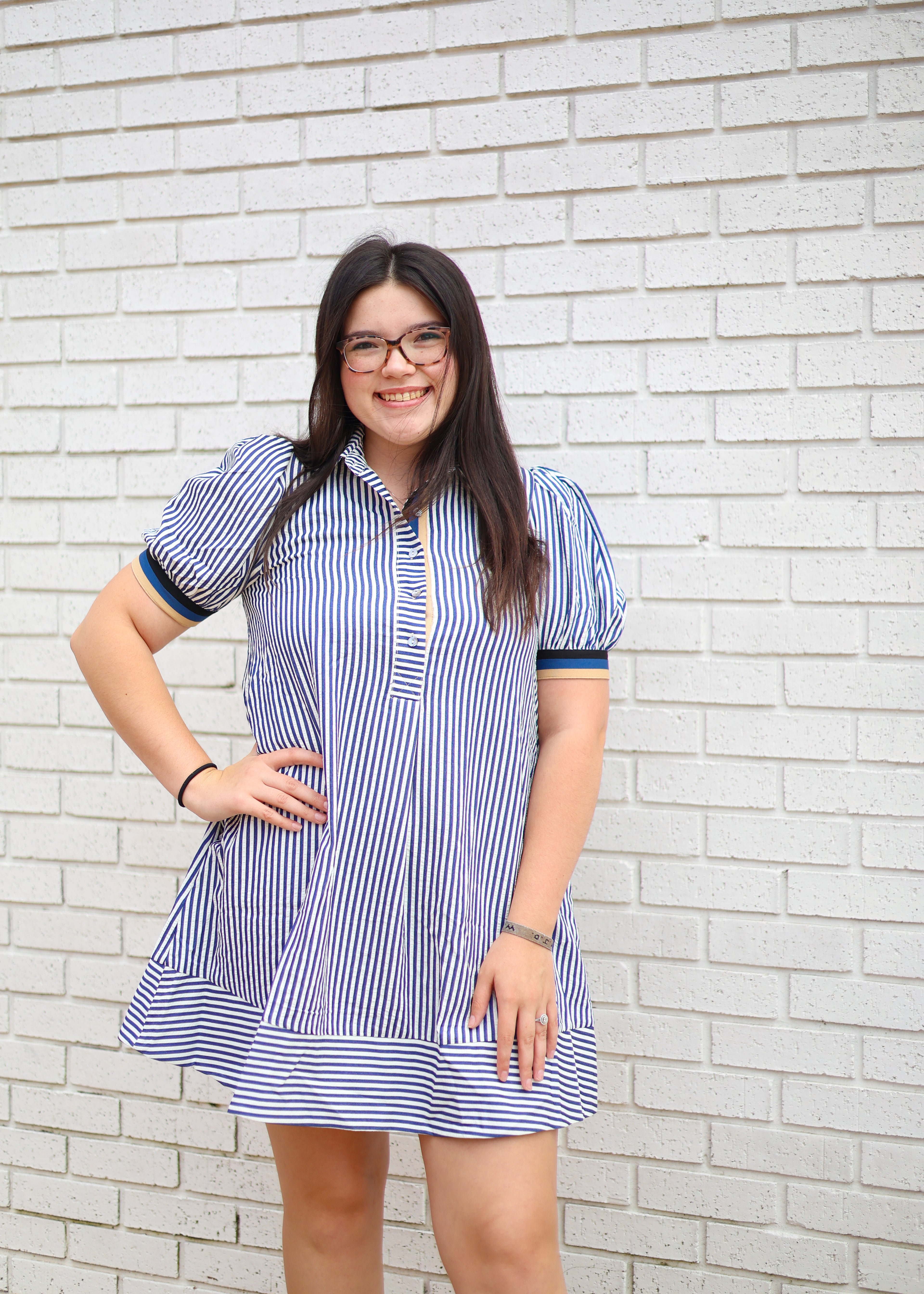 NAVY STRIPE PATTERN SHORT PUFF SLEEVE SWING SHIRT DRESS