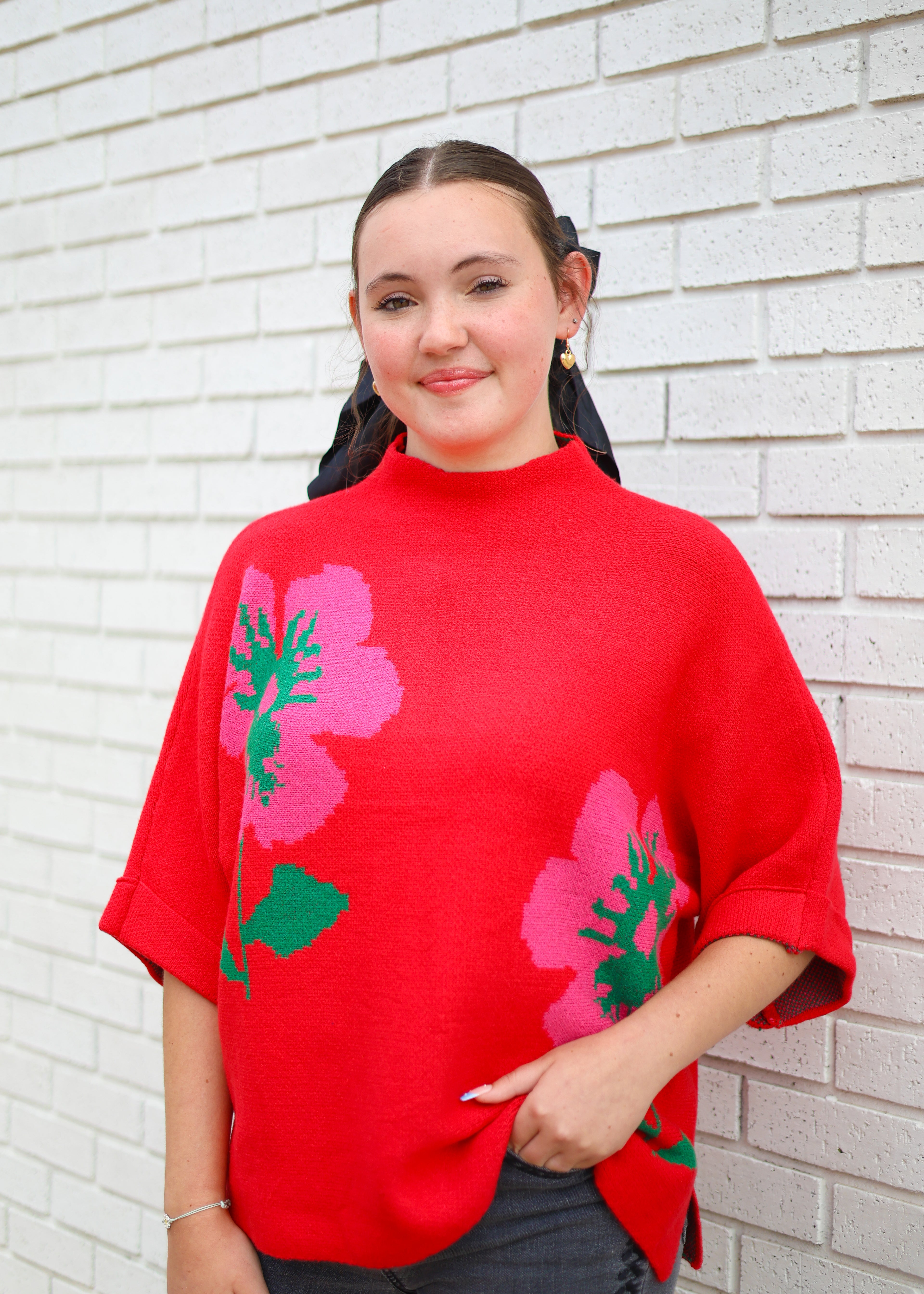 RED DROP SHOULDER FLORAL PATTERN MOCK NECK SWEATER