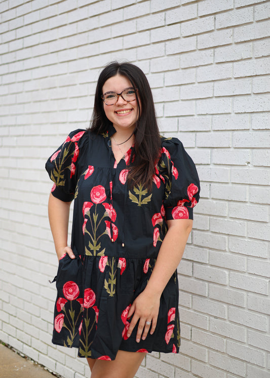 BLACK FLORAL PRINT CUFF BAND SLEEVE RUFFLE HEM MINI DRESS