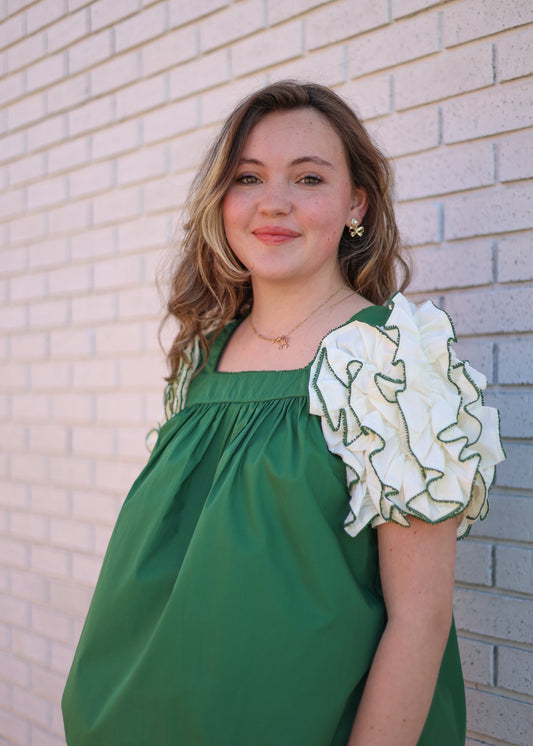 AMAZON GREEN BLOUSE W/WHITE RUFFLE SLEEVES