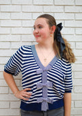 NAVY/OFF WHITE STRIPED CARDIGAN W/VNECK & BOWS