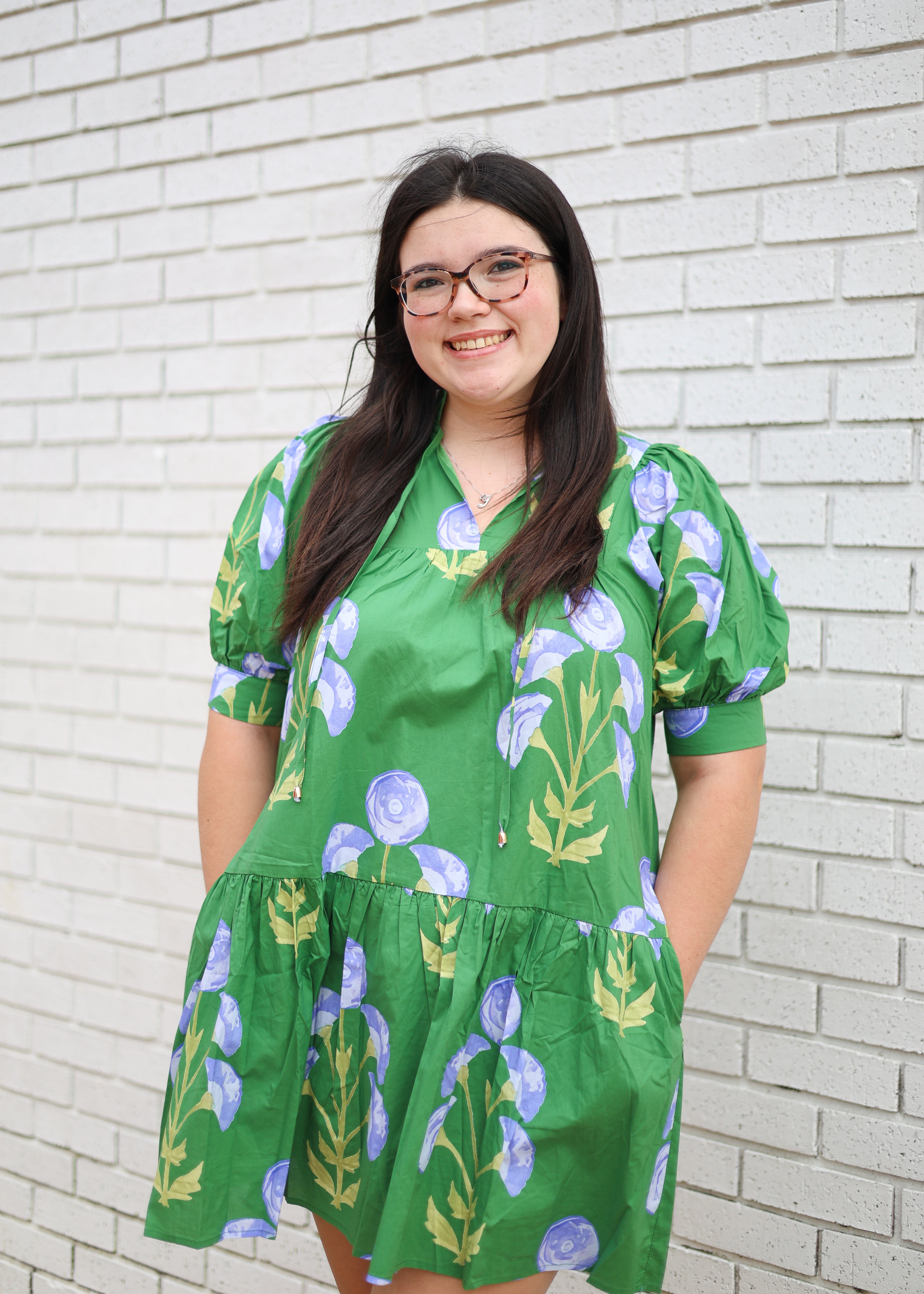 GREEN FLORAL PRINT CUFF BAND SLEEVE RUFFLE HEM MINI DRESS