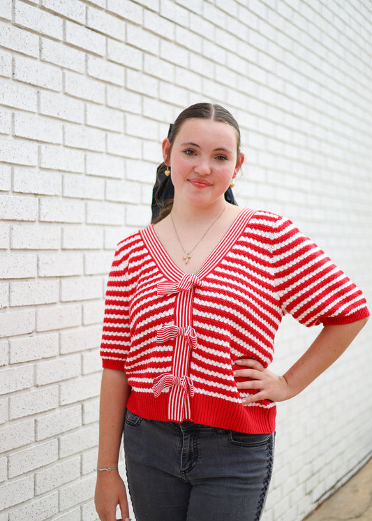 RED/OFF WHITE STRIPED CARDIGAN W/VNECK & BOWS