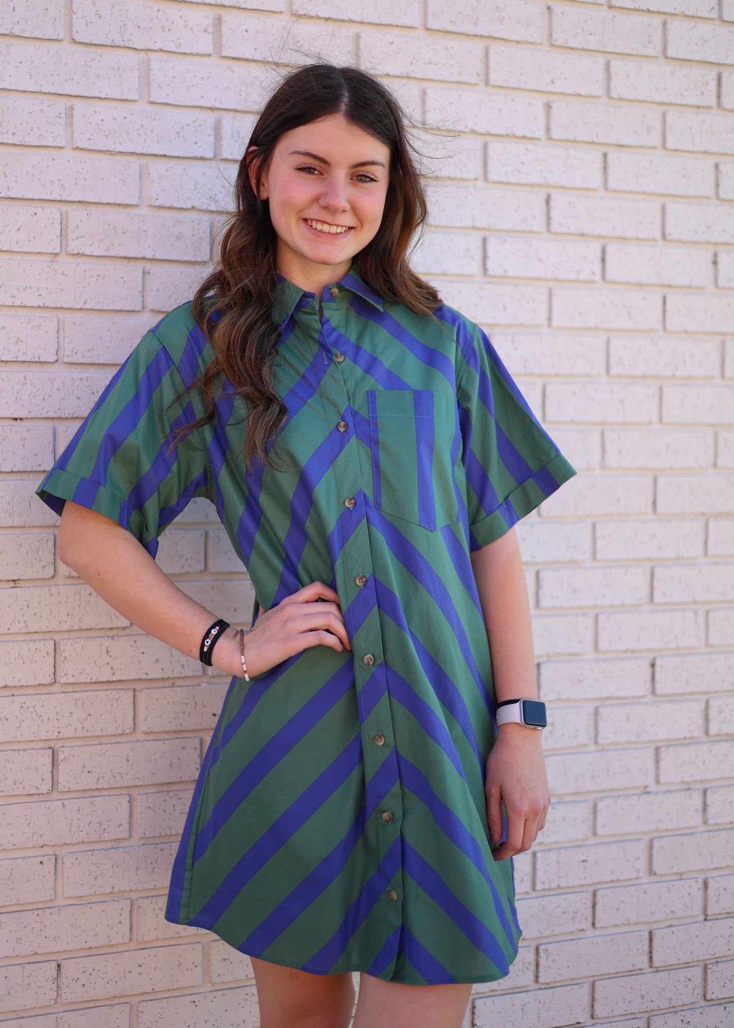 Green and Blue Striped Button-up Dress