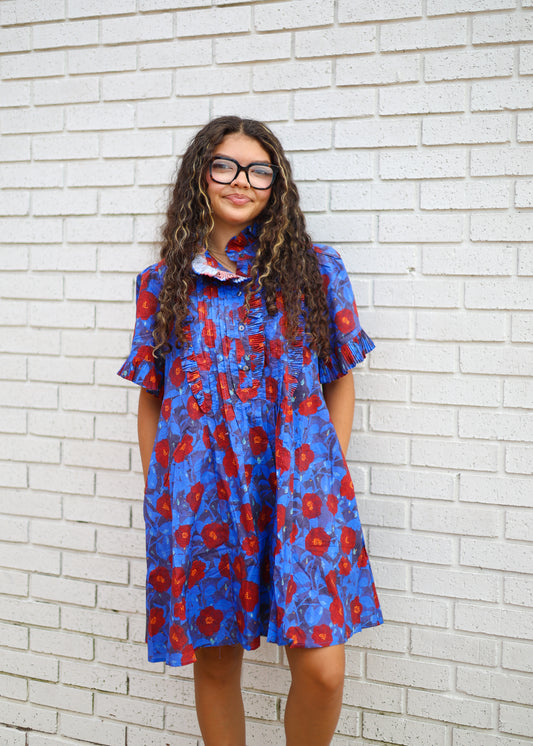 MIDNIGHT FLORAL PRINT PINTUCK MINI DRESS WITH PLEAT-ACCENT RUFFLES