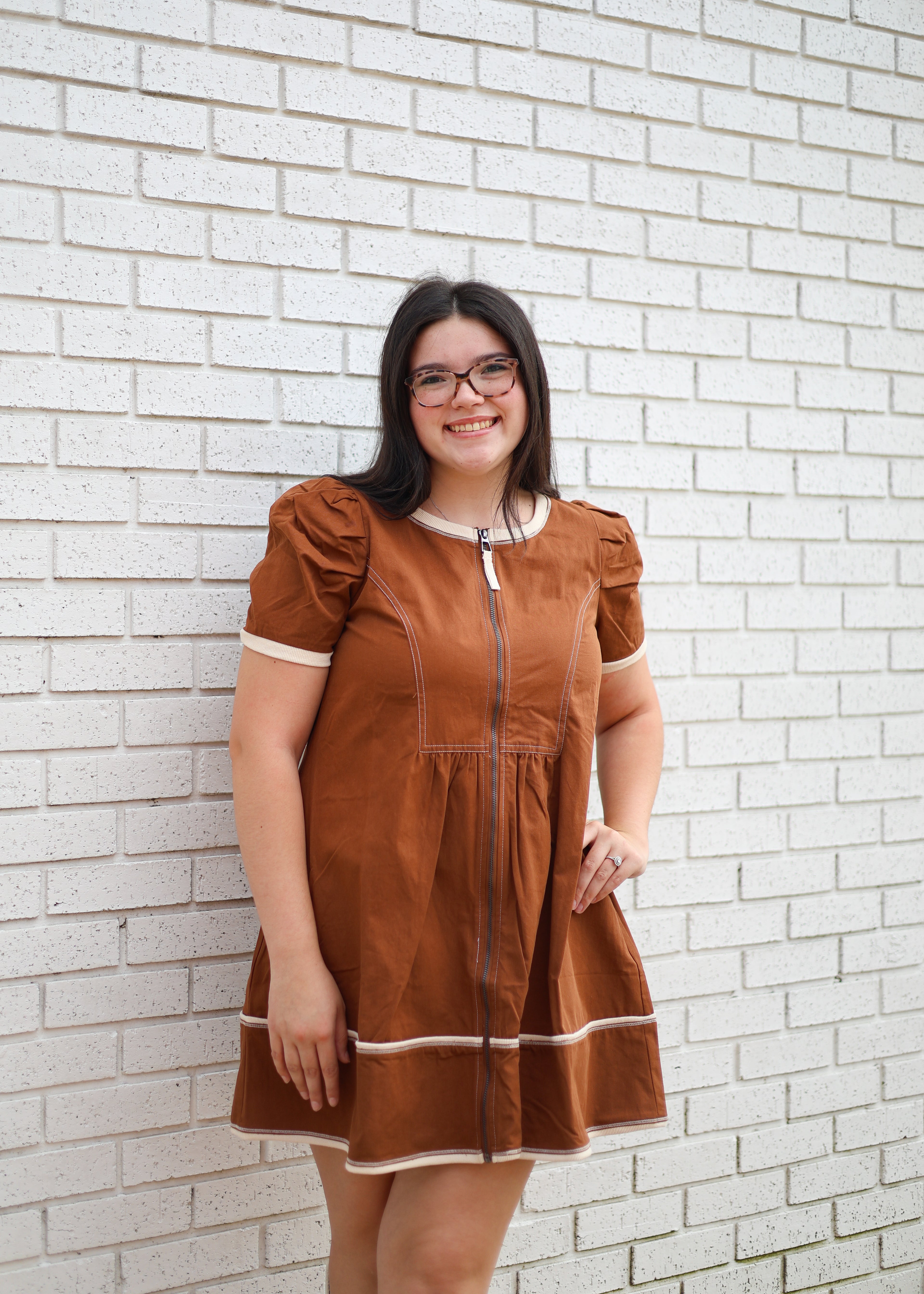 CHESTNUT FRONT ZIPPER MINI DRESS WITH CONTRAST BAND ACCENT TRIM