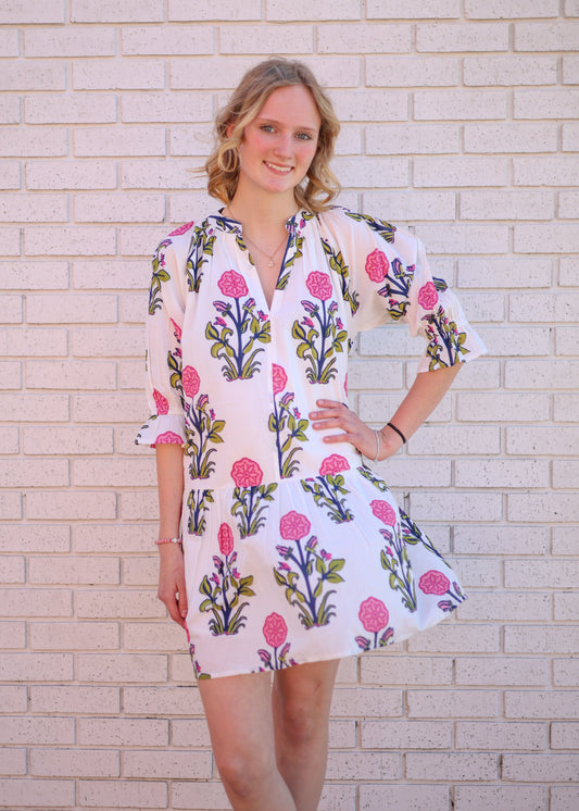 WHITE SHORT SLEEVE FLOWER PRINT DRESS