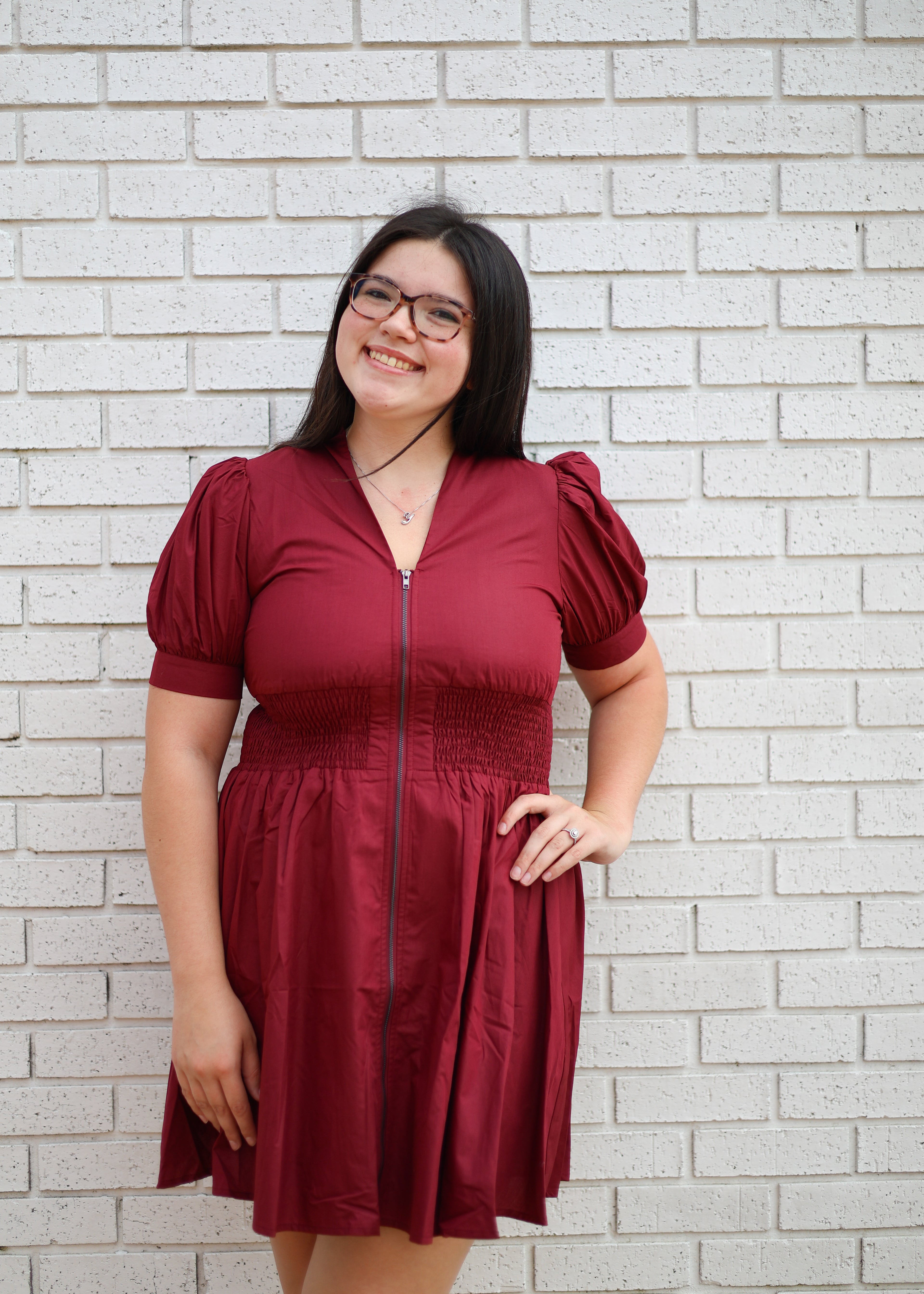 BURGUNDY PUFF SLEEVE V-NECK MINI DRESS W/SMOCKED WAIST & ZIP FRONT