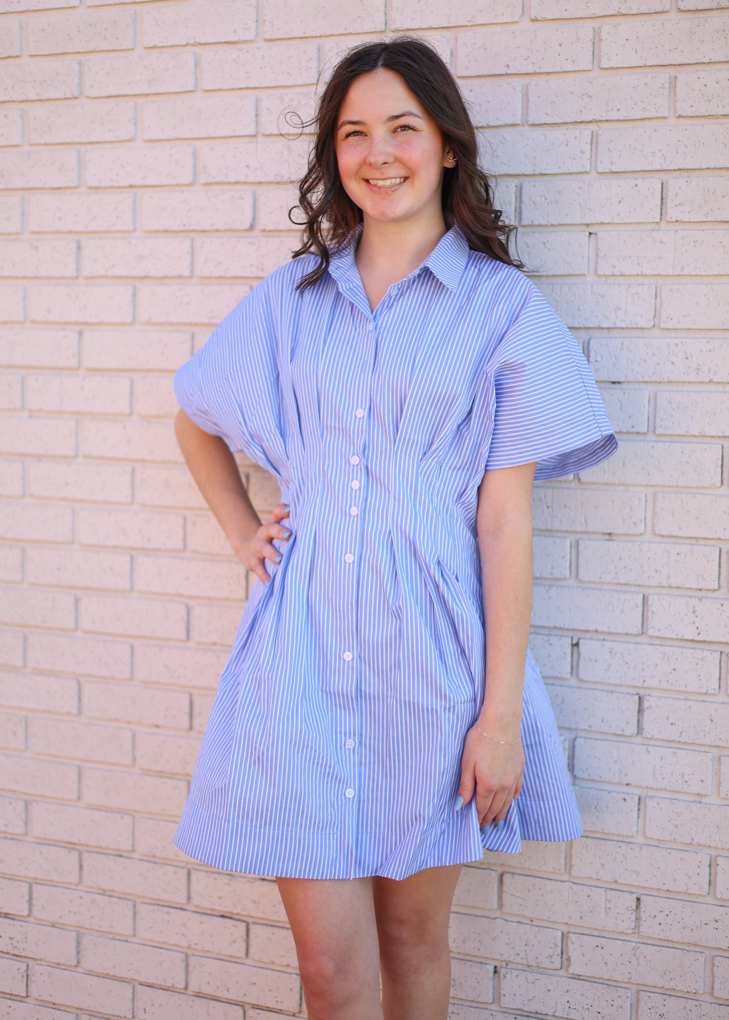 LIGHT BLUE STRIPE PLEATED SHIRT DRESS