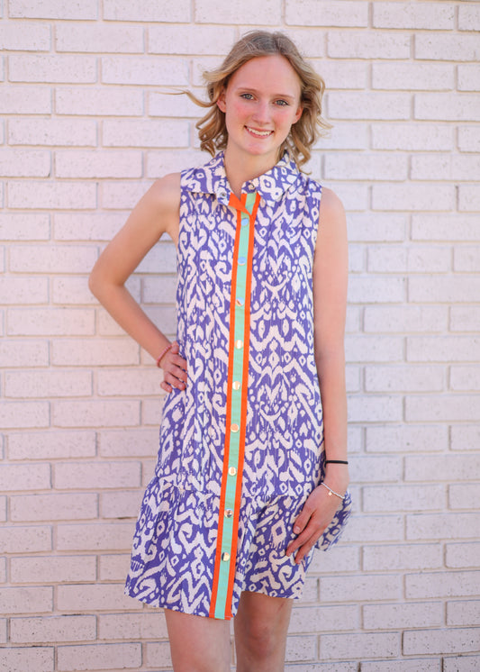 BLUE SLEEVELESS PRINT DRESS W/ORANGE & MINT BUTTON PLACKET