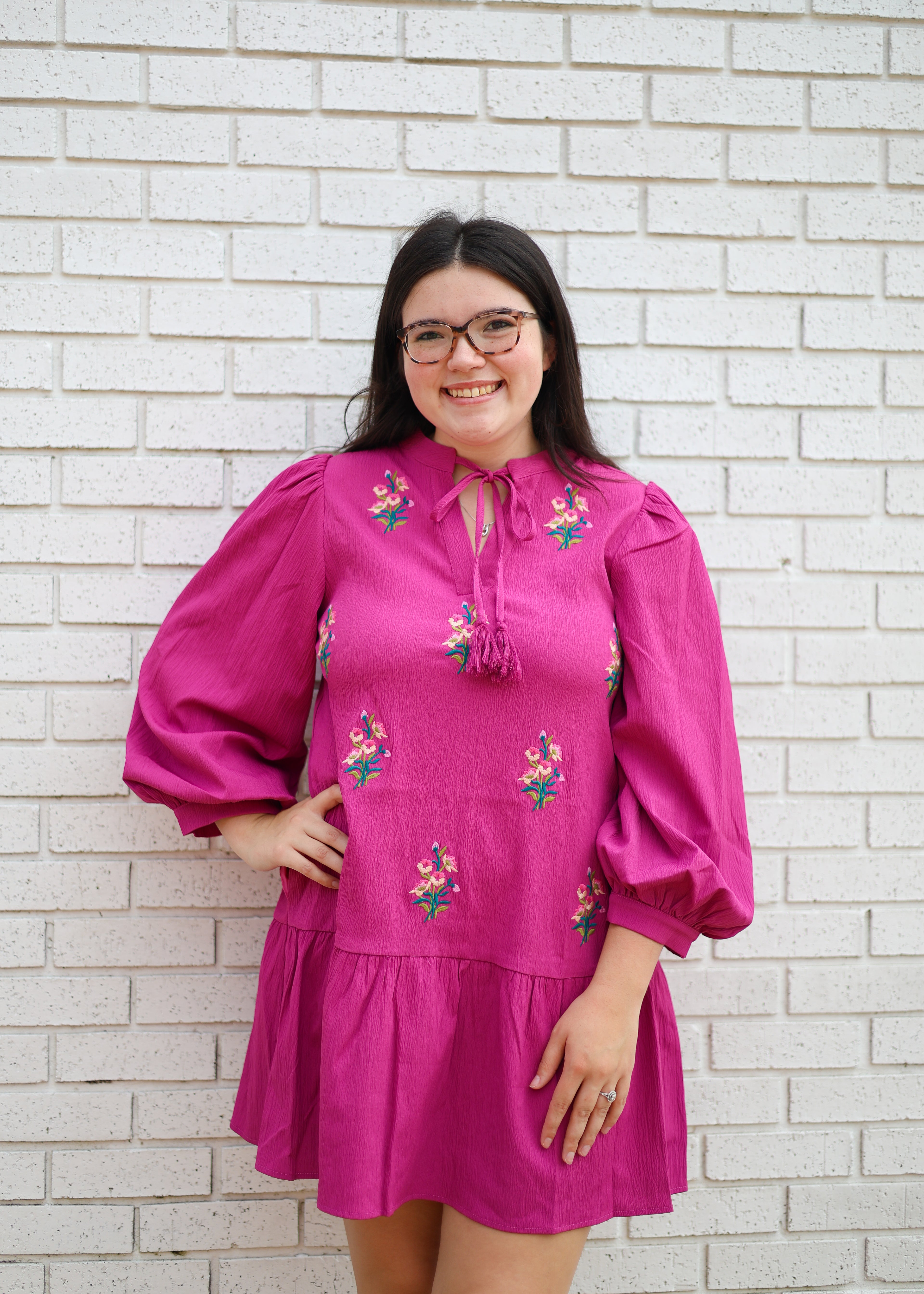 MAGENTA LONG PUFF SLEEVE FLORAL EMBROIDERED DRESS
