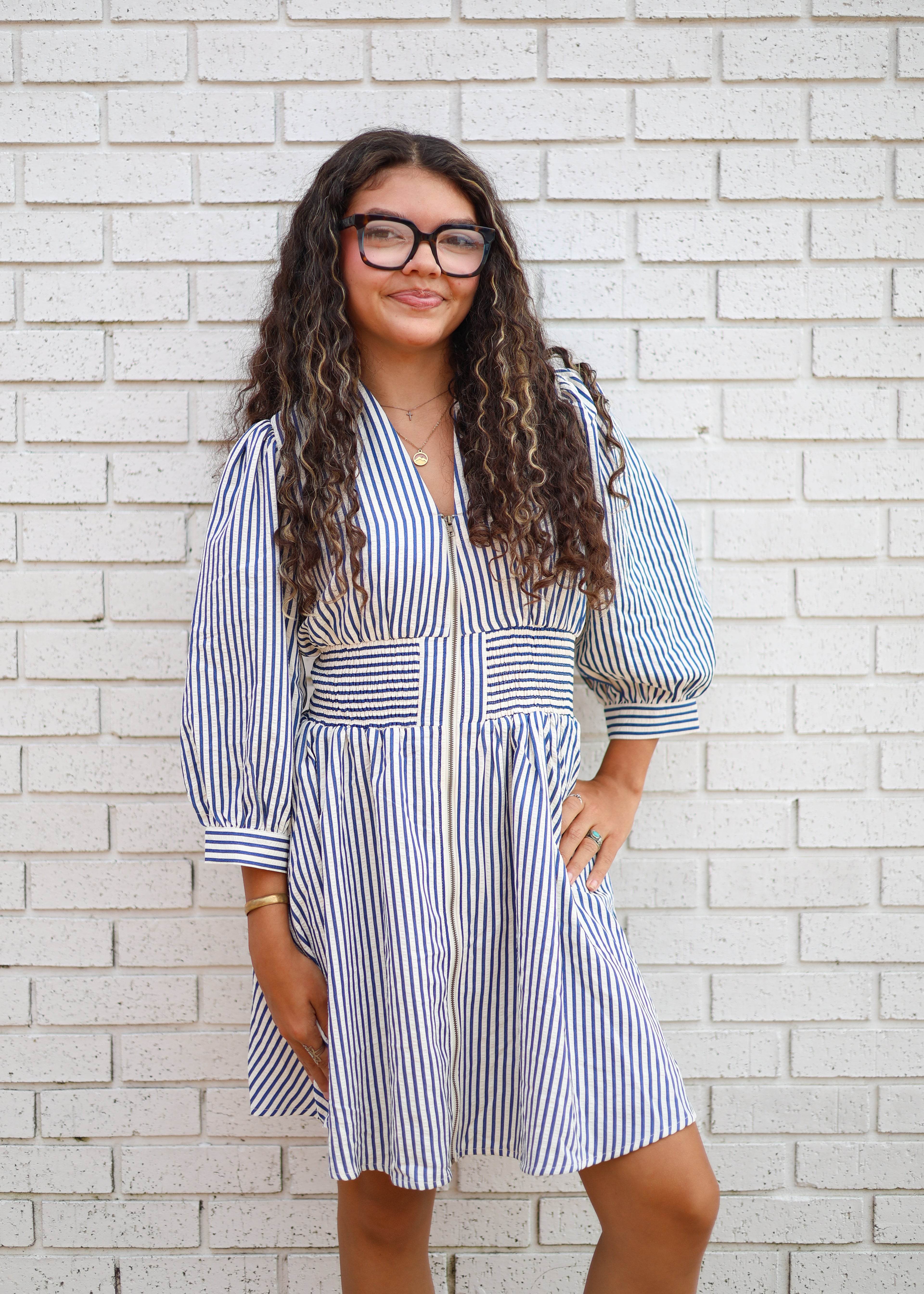 INDIGO STRIPE PATTERN PUFF SLEEVE MINI DRESS WI/SMOCKED WAIST BAND