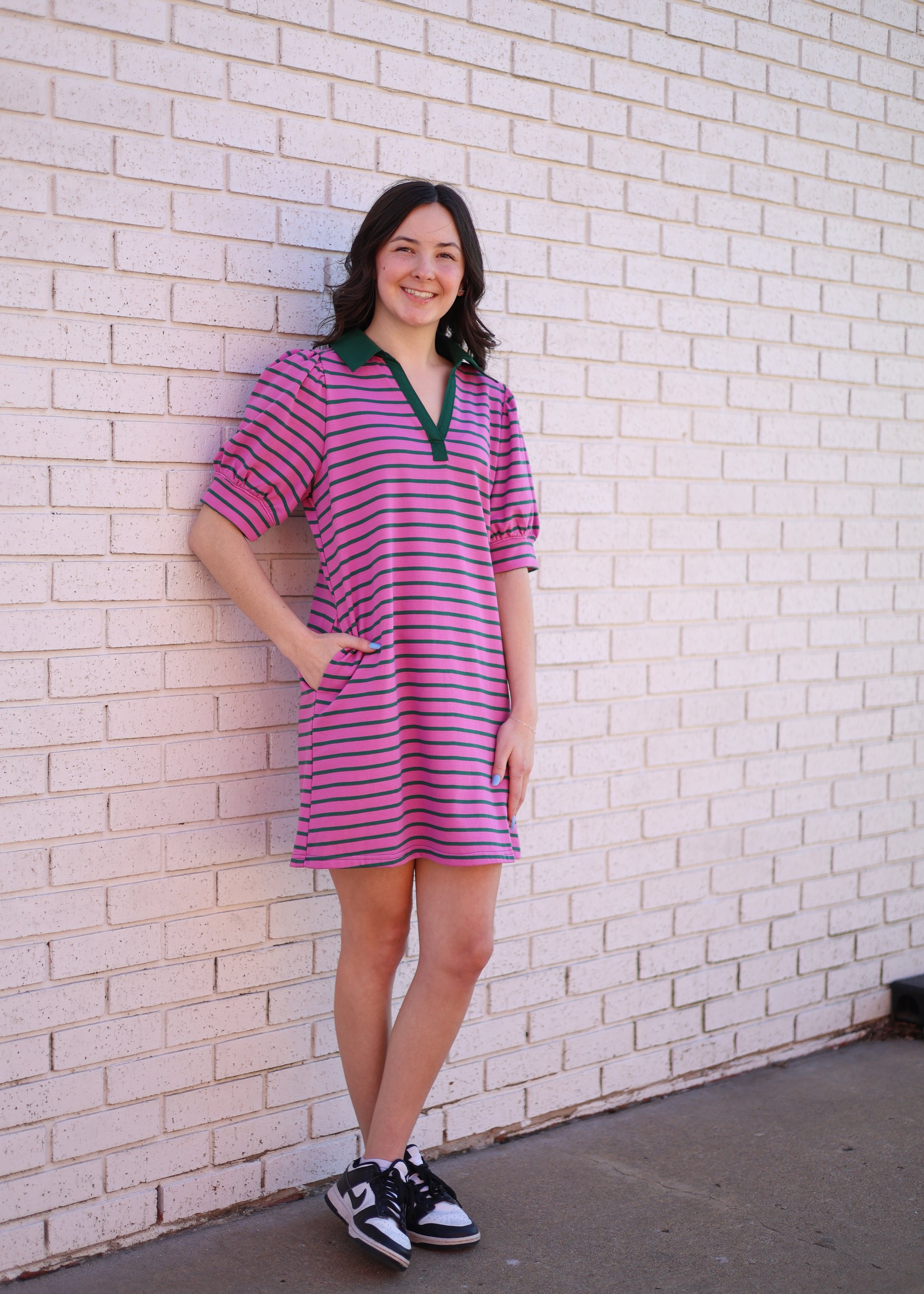 ORCHID/GREEN STRIPE PUFF SLEEVE POLO DRESS Pharm Favorites by Economy Pharmacy ORCHID/GREEN STRIPE PUFF SLEEVE POLO DRESS Pharm Favorites by Economy Pharmacy