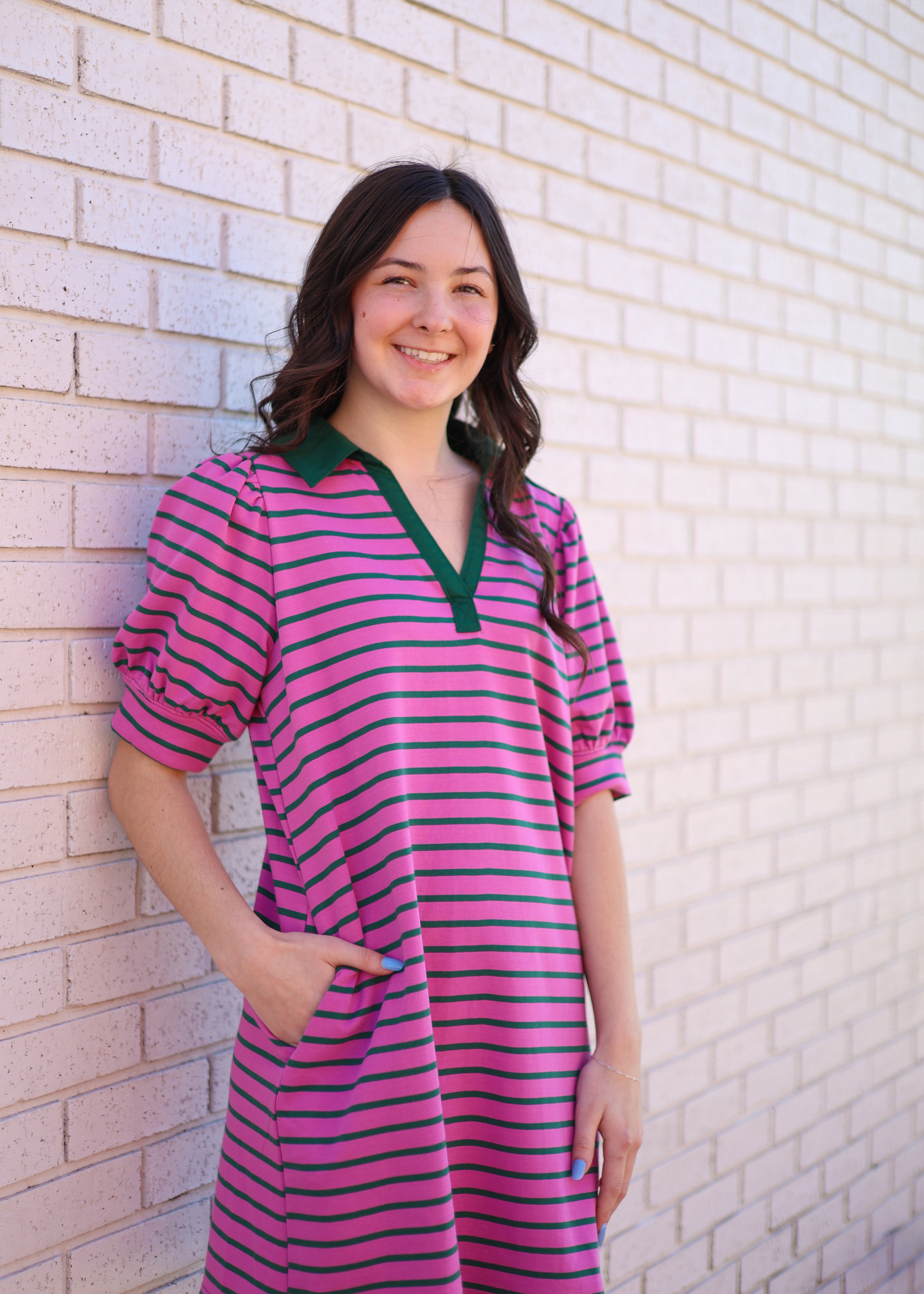 ORCHID/GREEN STRIPE PUFF SLEEVE POLO DRESS
