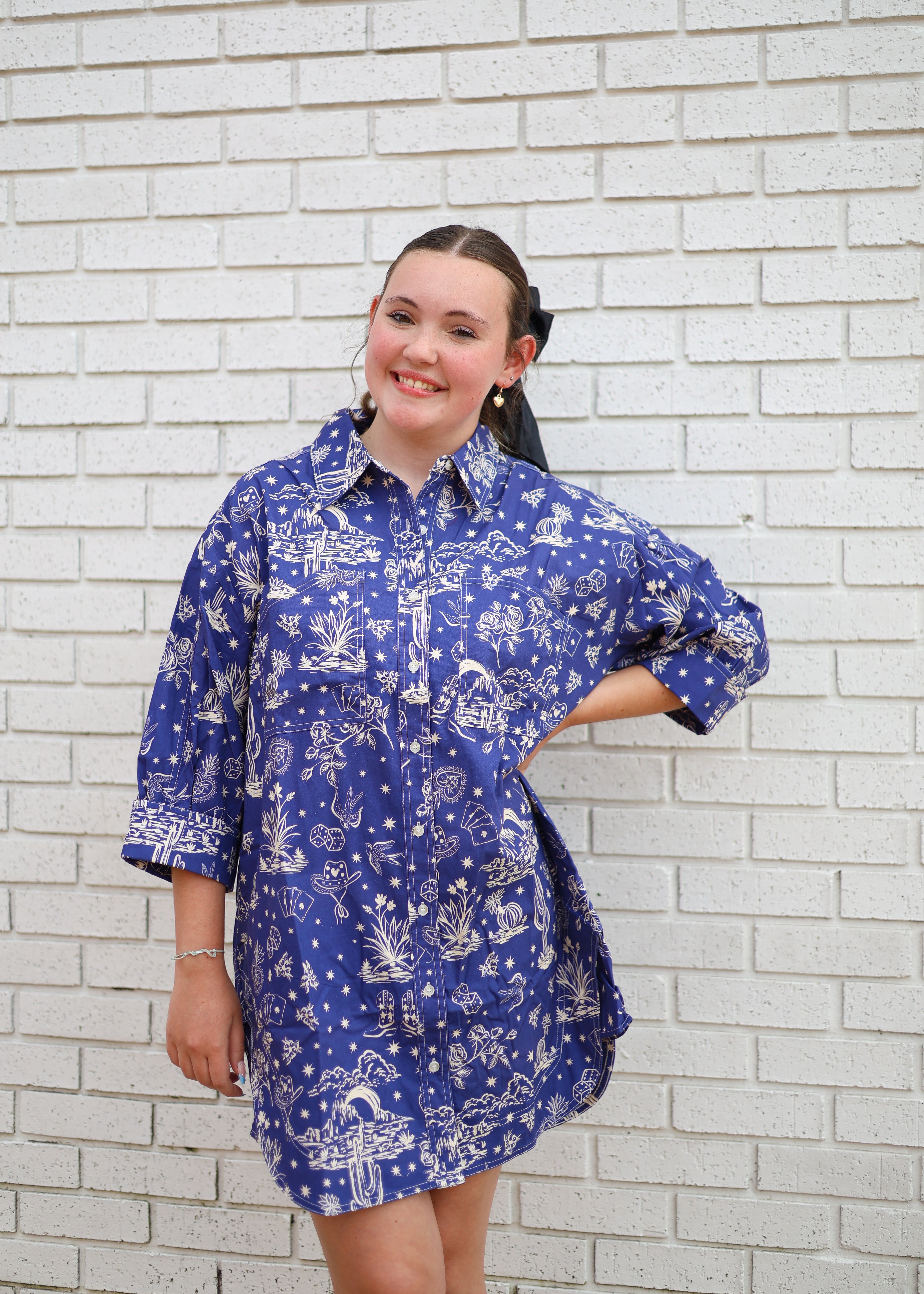 DENIM COLOR MULTI WESTERN PRINT SHIRT DRESS