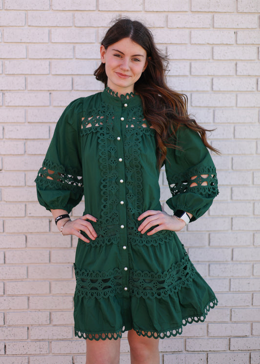 FOREST GREEN EYELET TRIM DRESS W/PEARL BUTTONS
