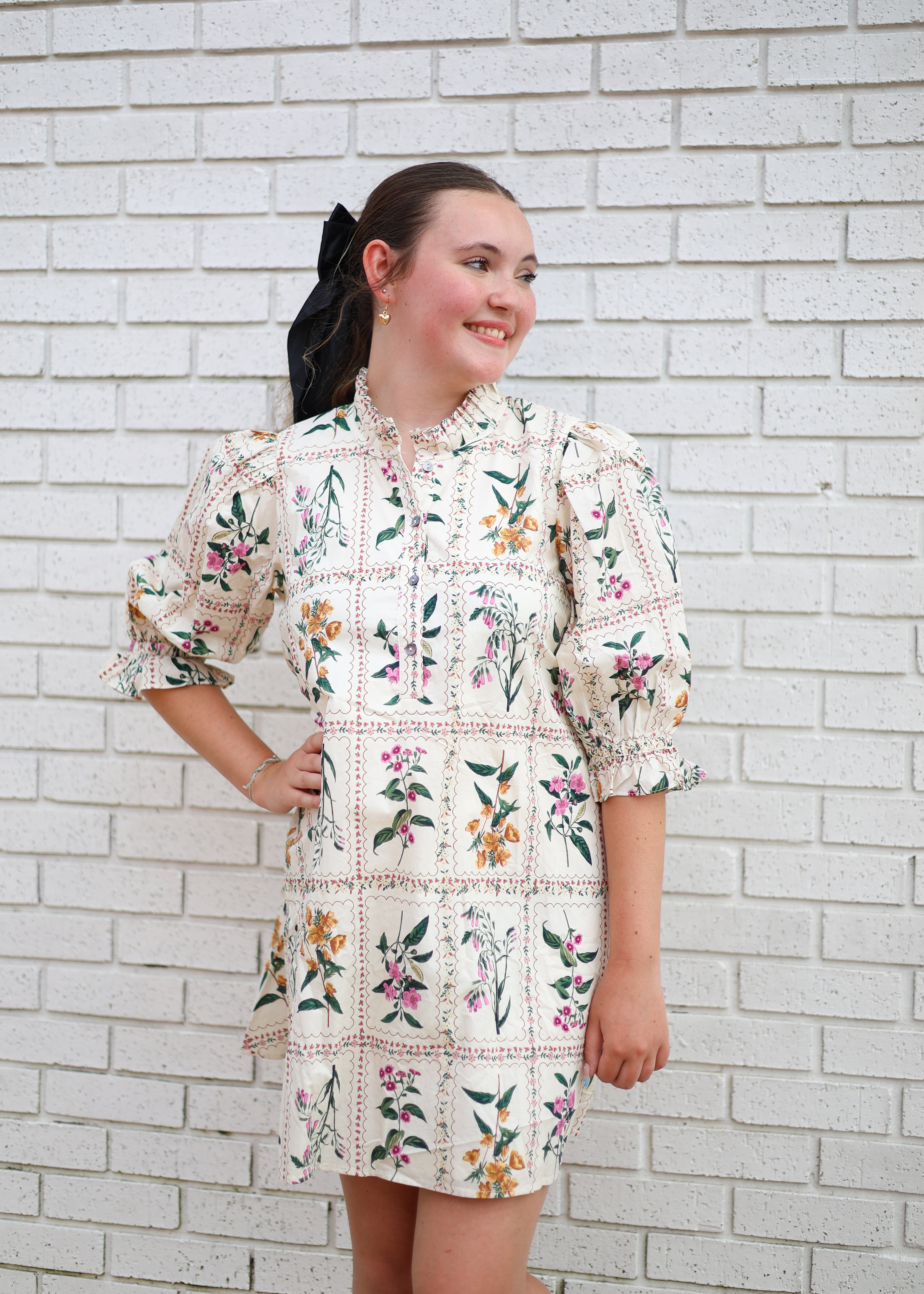 ECRU FLORAL PANEL ADJUSTABLE BACK WAIST DRESS