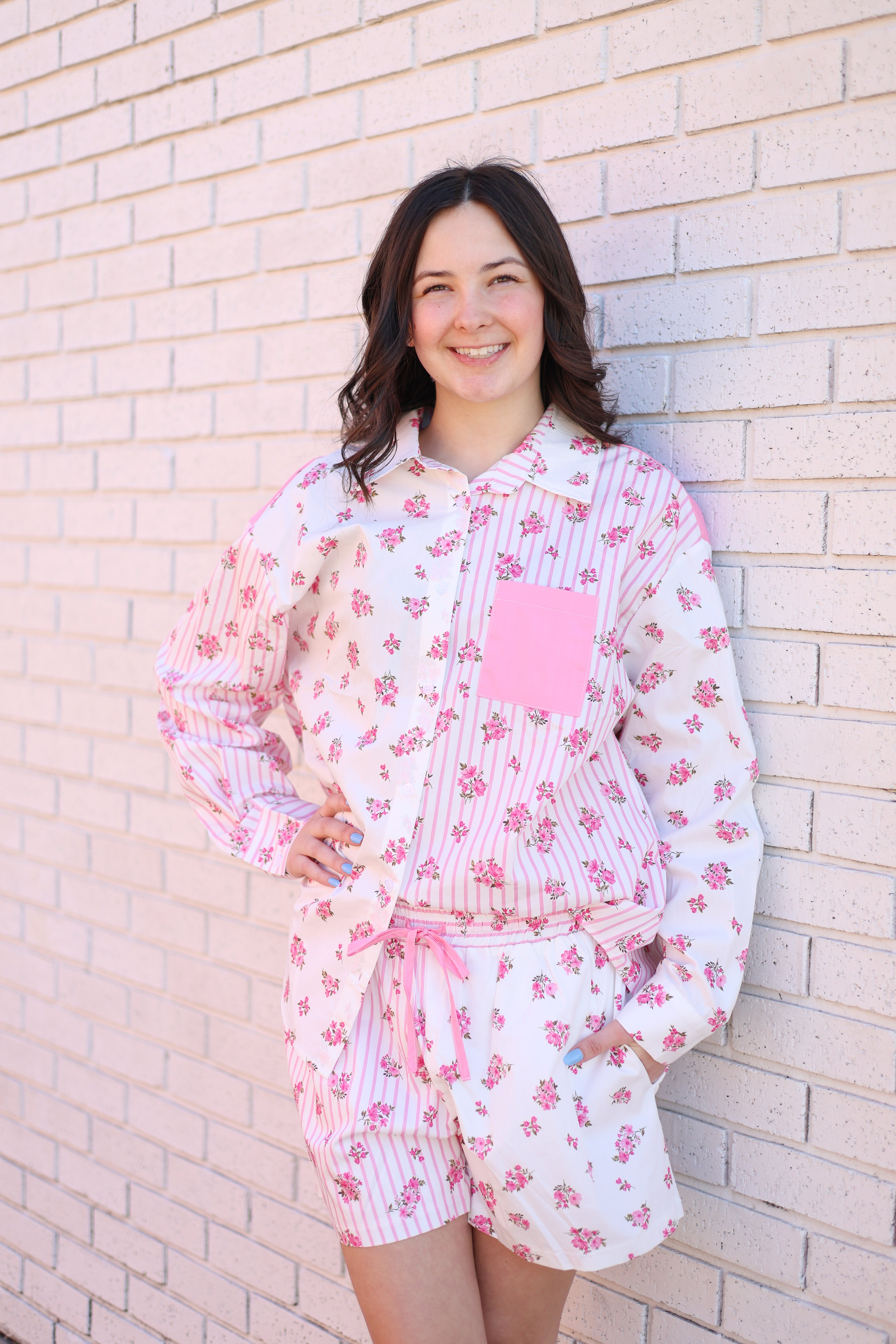 PINK STRIPE & FLORAL 2PC SHORT SET