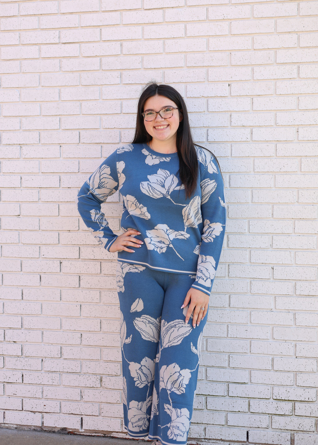 BLUE JACQUARD 2PC SWEATER & PANT SET
